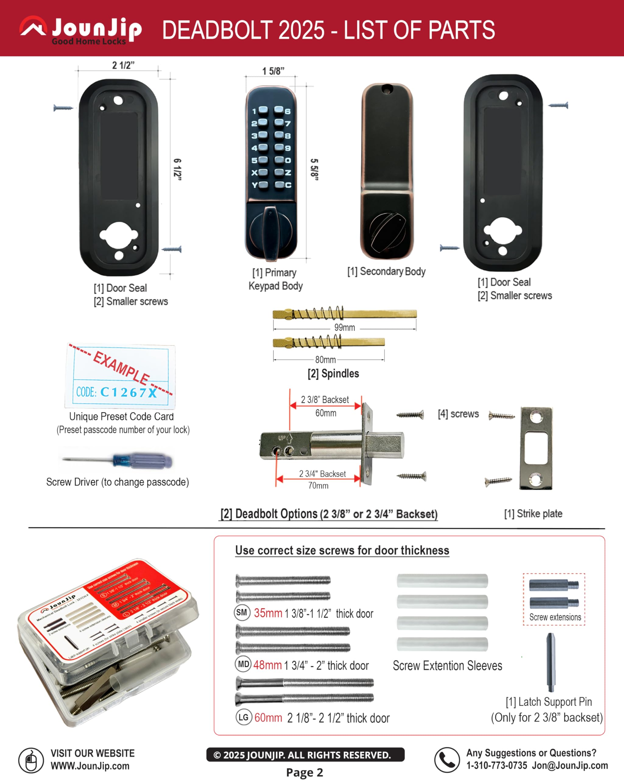 Jounjip Mechanical Deadbolt Lock - Keyless Entry Door Lock - Code Not Required When Locking – 100% Mechanical With Flat Spindle, Thumb Turn Door Knob - Oil-Rubbed Bronze [ ]