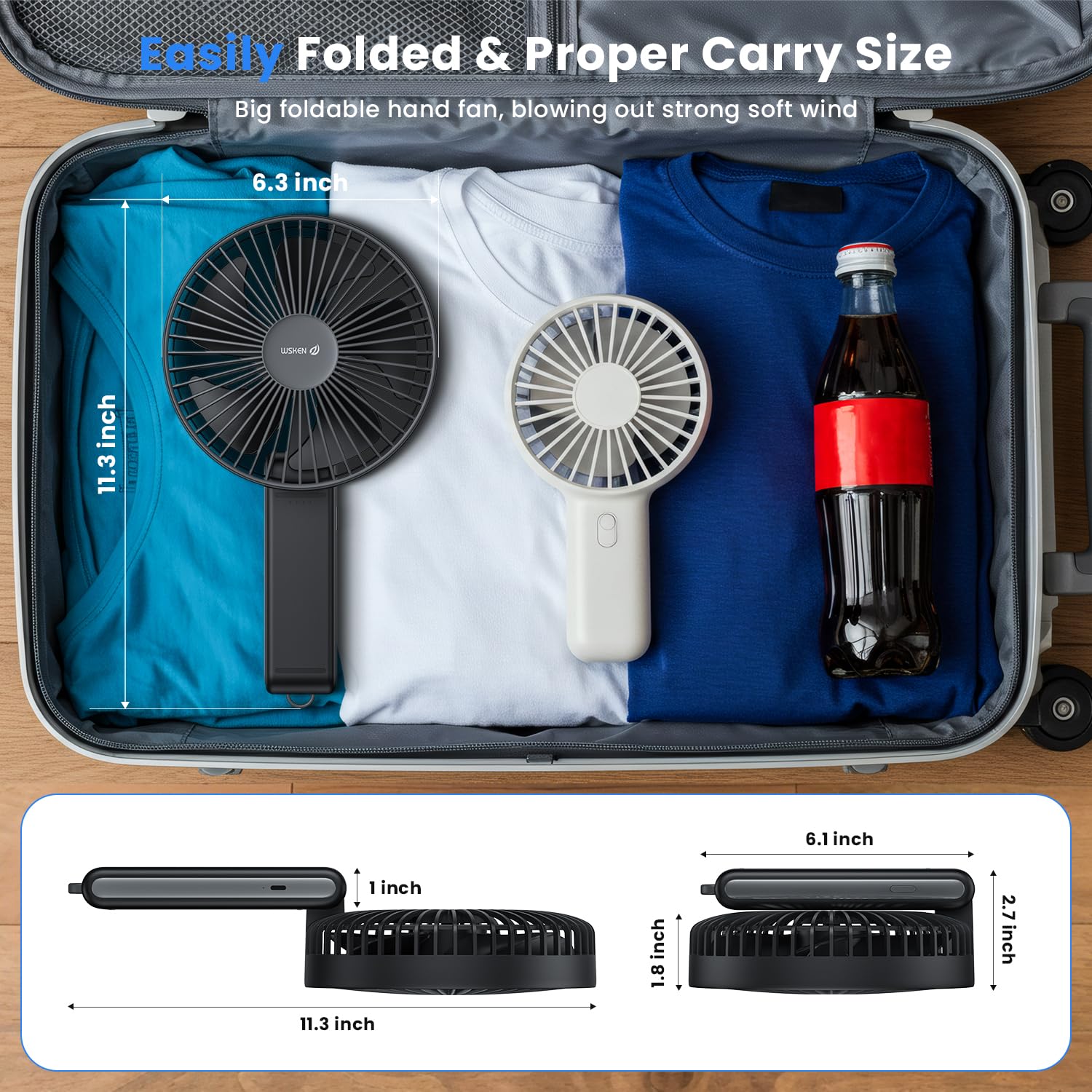 6 inch quiet portable fan with rechargeable battery and folding feature from Koospark