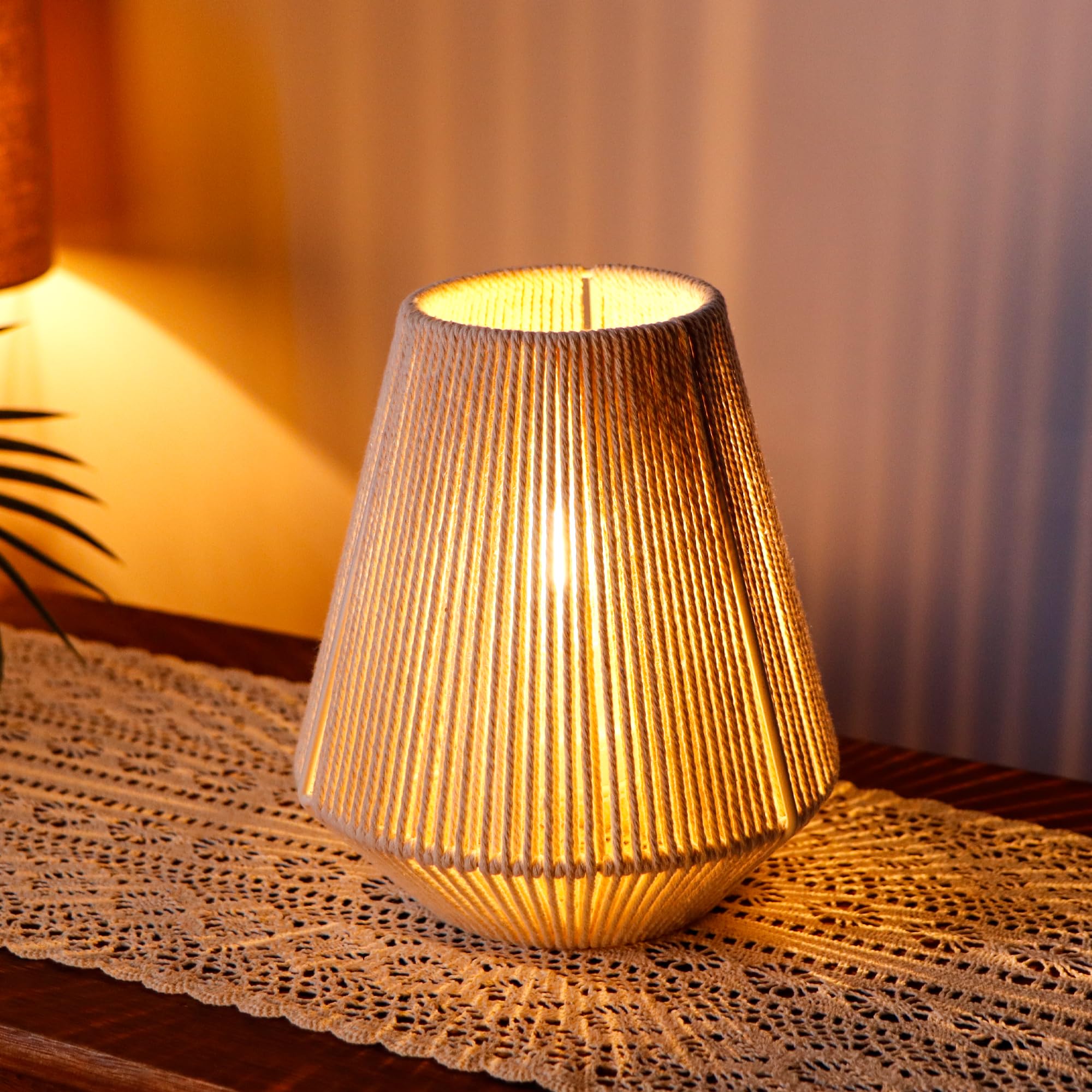Jhy Design Woven Lampshade Table Lamp 8" H Cotton Rope Bedside Light‌ Cordless Decorative Battery Operated Lamp With 6 Hours Timer For Bedroom Living Room Weddings Parties Patio Events