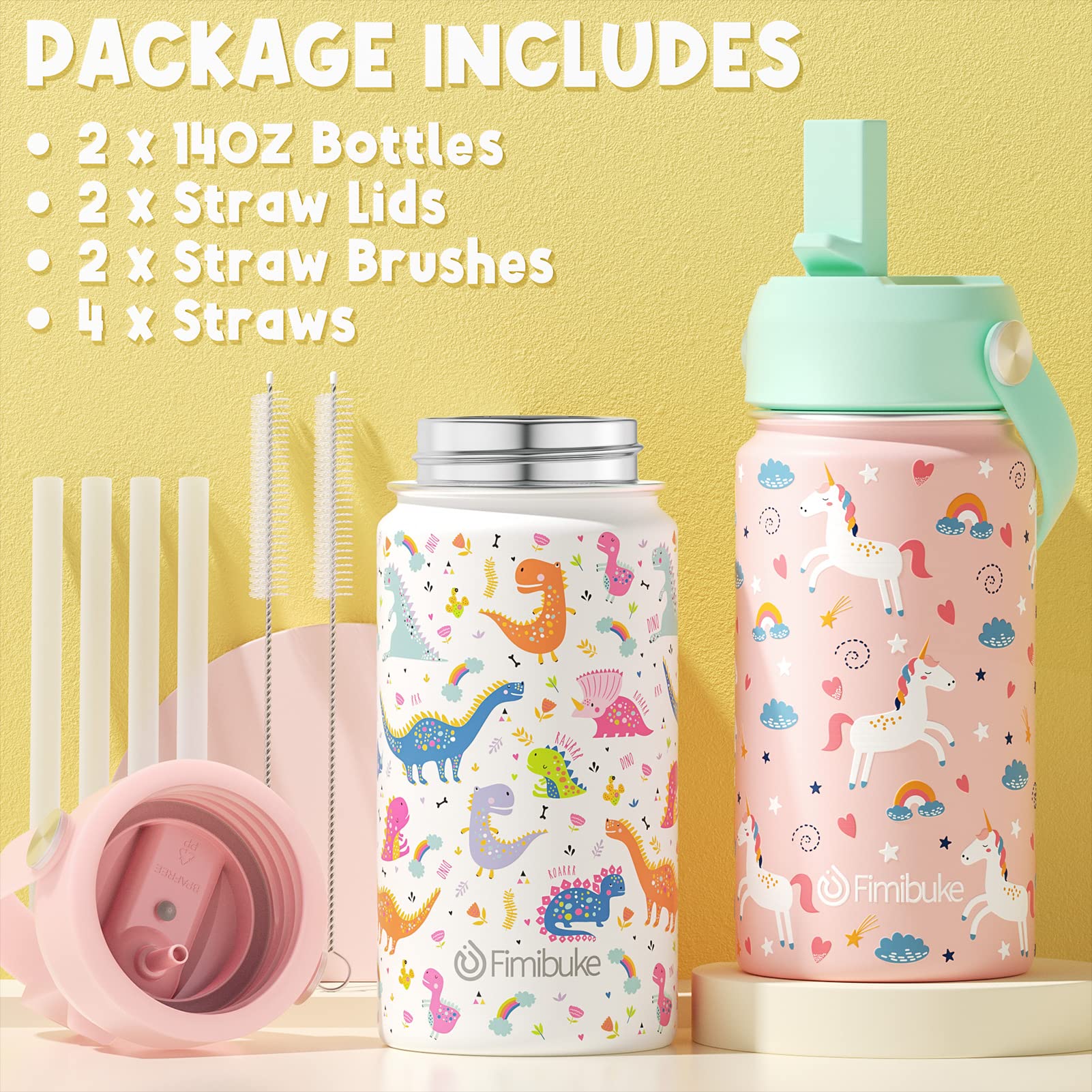 Fimibuke Kids Insulated Water Bottle, 14Oz Double Wall Vacuum Tumbler 18/8 Stainless Steel