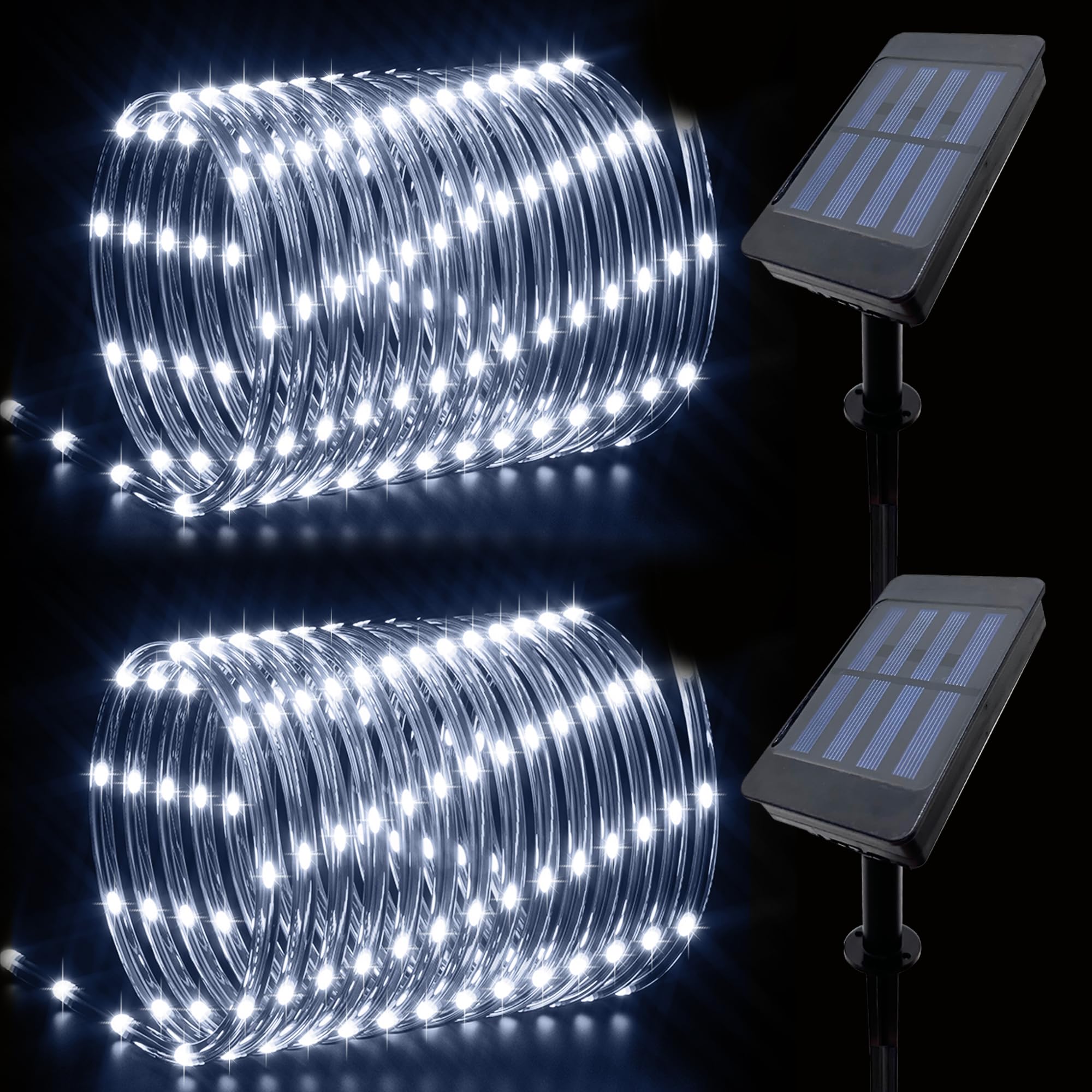 Ijg Christmas 2 Pack Solar Rope Lights Outdoor Waterproof,Each 33Ft 100 Led 8 Modes And Timer Clear Tube String Lights For Outside(White)