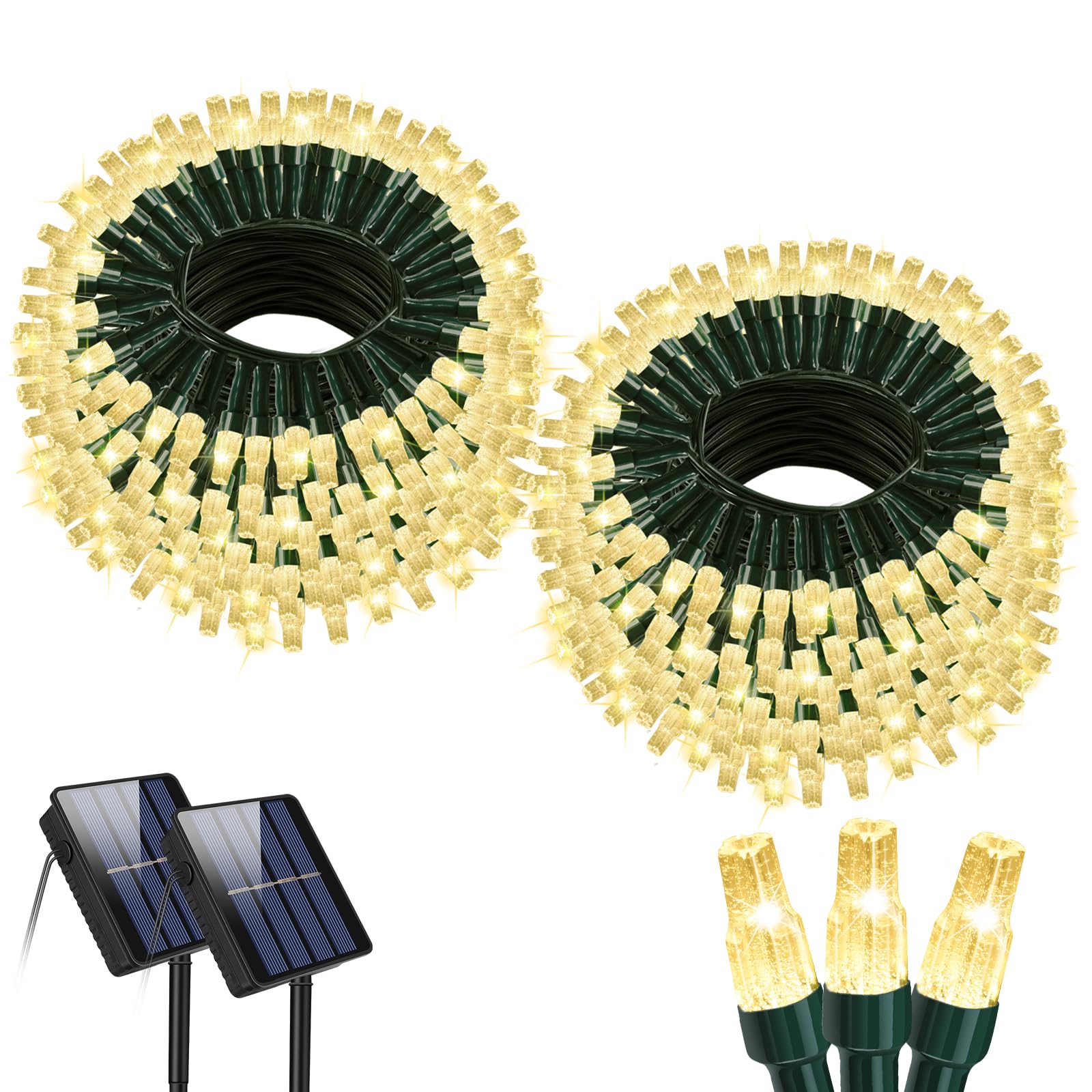 Elavika Solar Christmas Lights Outdoor, 2 Pack 40Ft 100 Leds, Total 80Ft 200 Led, Waterproof Solar Powered String Lights For Outside Xmas Tree Garden Fence Patio Balcony Decoration, Warm White