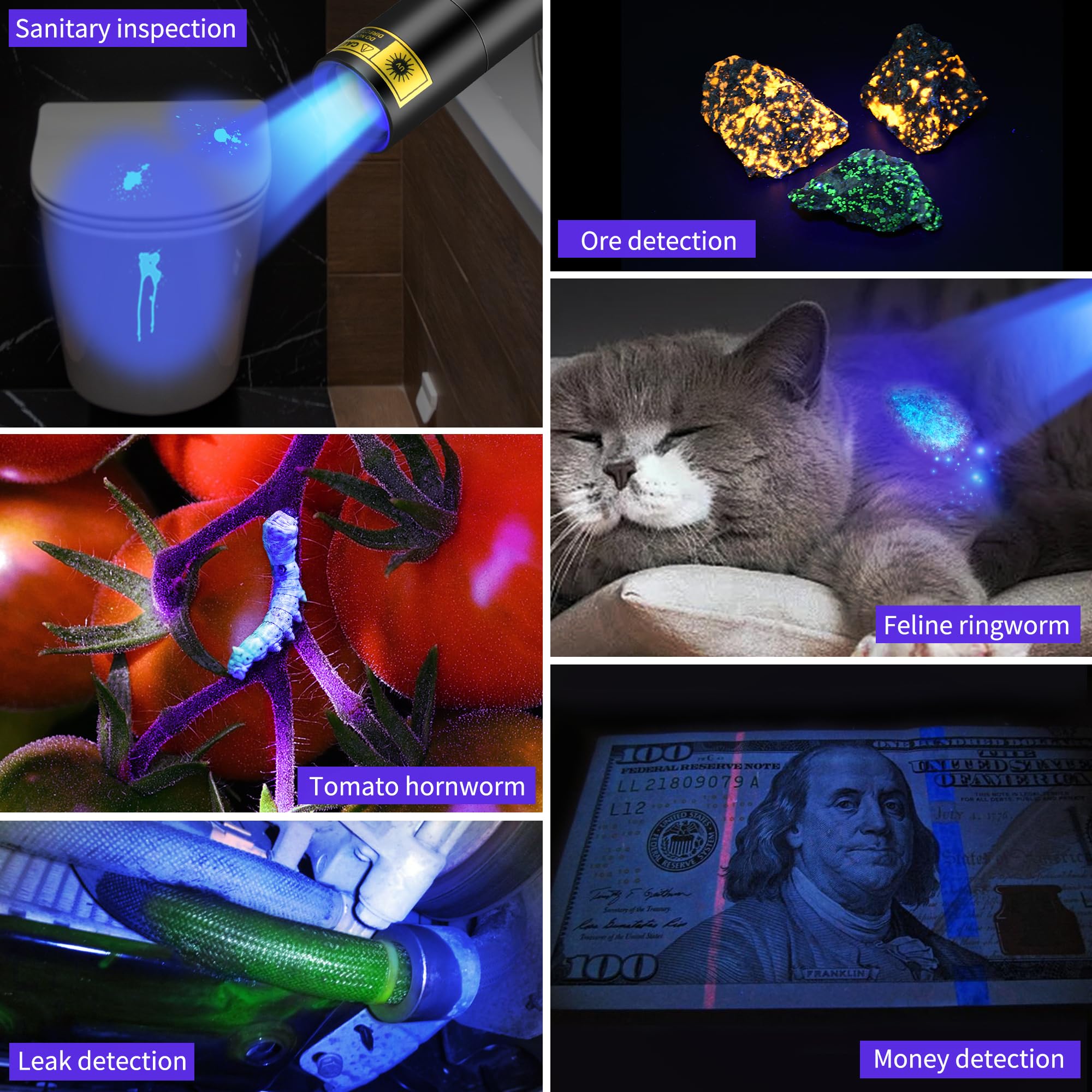 Wmcodmw Uv Flashlight Rechargeable 365Nm & 395Nm Black Light For Pet Urine Detection, Usb Portable Blacklight Mini Powerful Woods Lamp Led Ultra Violet Flashlights Uv For Resin Curing, Leak Detection, Travel