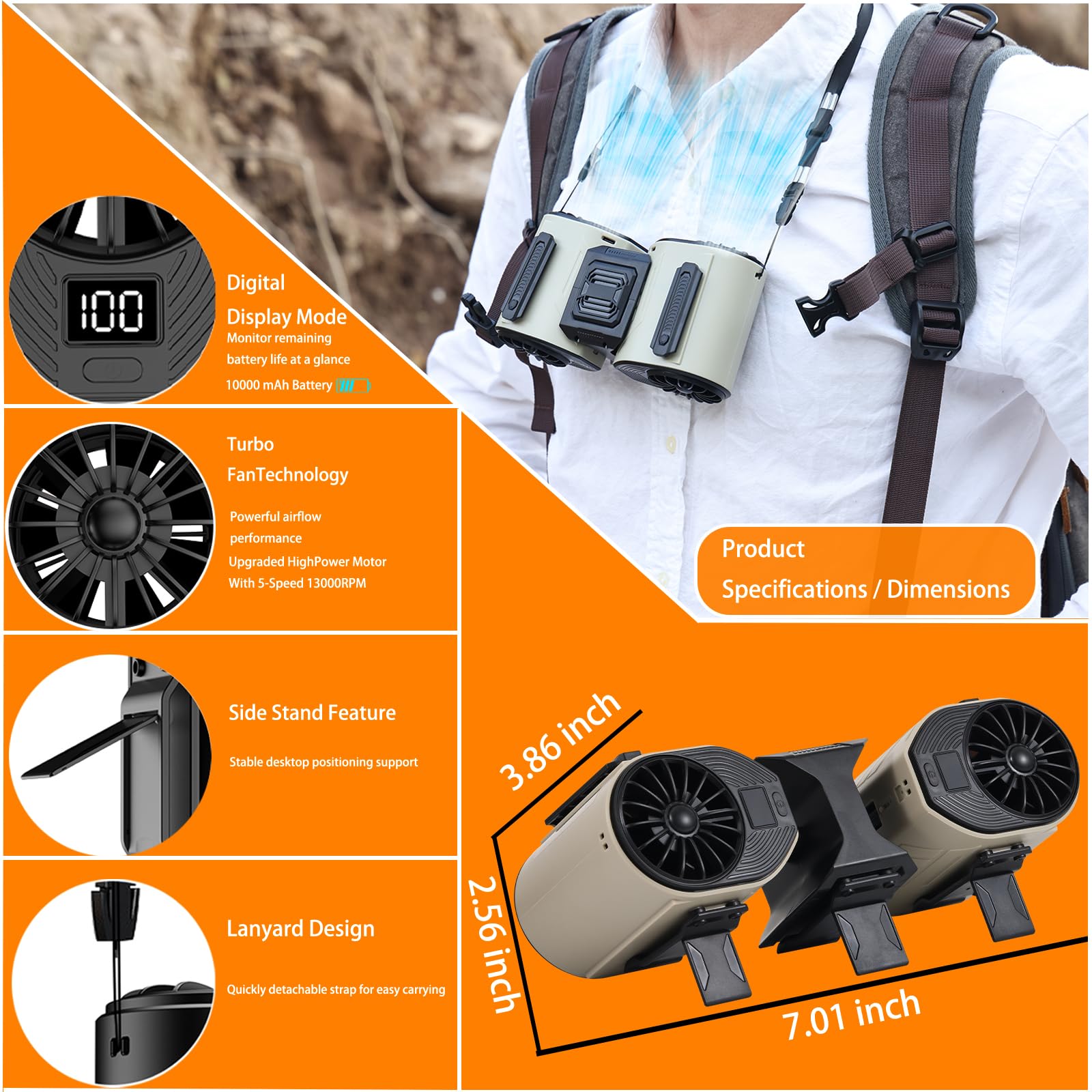 Portable Waist Fan Detachable Double Fan Combination Turbo Technology10000 Mah 5-Speed 13000Rpm Clip
