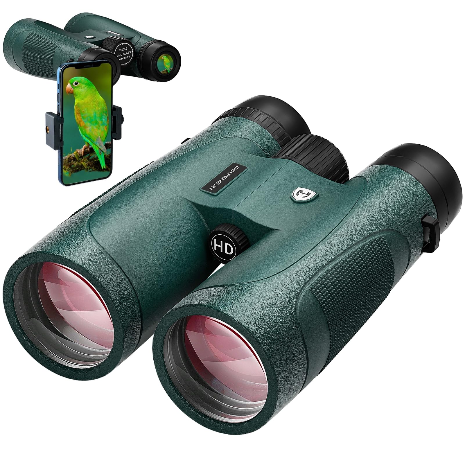 Gigapenguin 15X52 Hd Binoculars For Adults High Powered With  Phone Adapter - Large View Binoculars With Clear Low Light Vision - Lightweight Waterproof Binocular For Bird Watching Travel Hunting Cruise