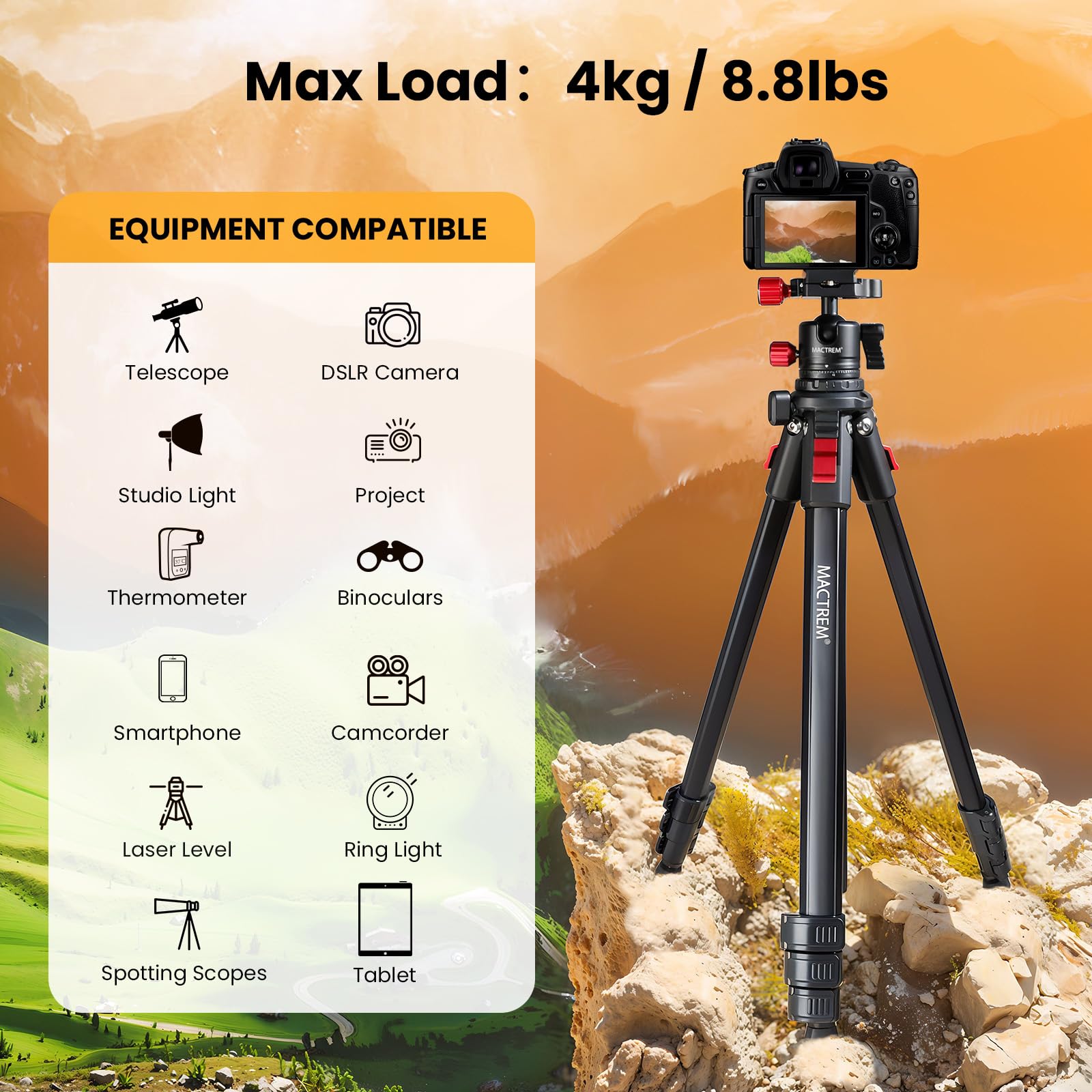 Mactrem Camera Tripod, 67 Inch/170Cm Travel Tripod & Monopod With 360°Ball Head, Heavy Duty Tripod For Smartphone Ipad Canon Nikon Sony Binoculars
