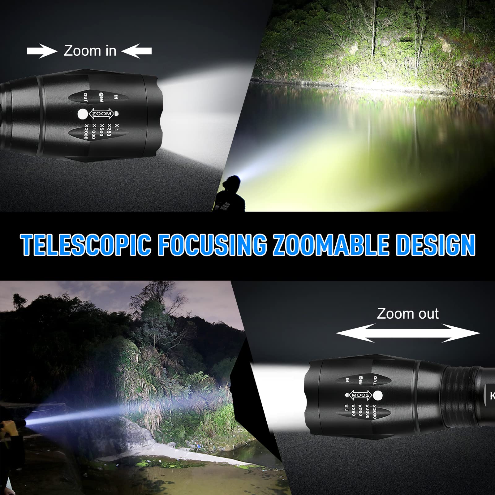 Kepeak Led Flashlight, 5 Modes Tactical Flashlight, Ipx5 Water Resistant, High Lumen, Zoomable Flashlight For Camping, Outdoor, Hiking, Emergency