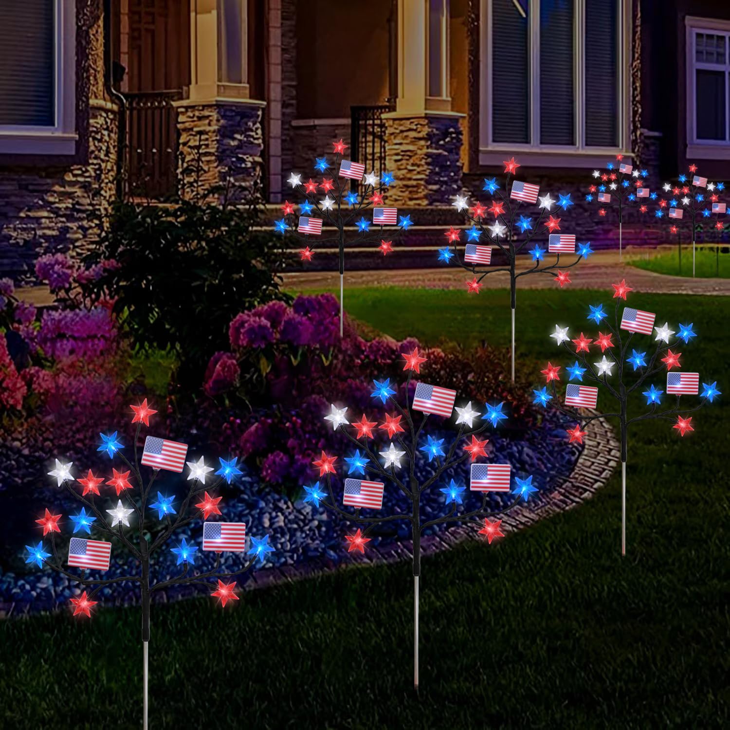 Hugsvik 4 Packs 80Led 4Th Of July Decorations Outdoor, Red White And Blue Solar Lights With Stars & American Flags, Outdoor Memorial Day Decorations Patriotic Lights For Yard Pathway Garden