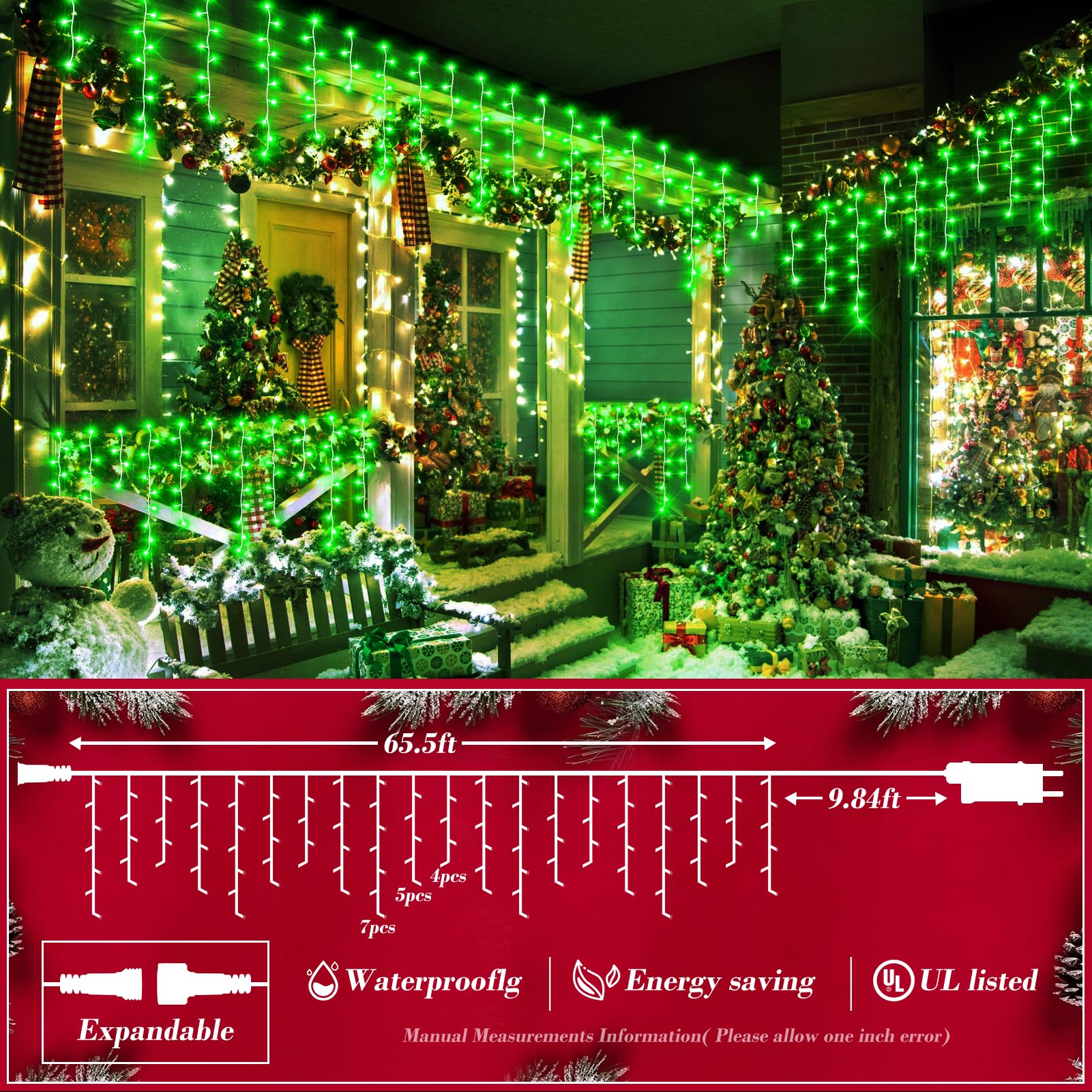 Xurisen 66Ft Christmas Lights Decorations Outdoor, 640 Led 8 Modes Curtain Fairy Lights With 120 Drops,Plug In Waterproof Timer Memory Function For Christmas Holiday Wedding Party Decor(Green)