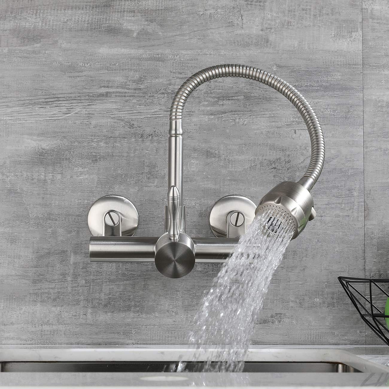 Wazzj Wazzj-Kitchen Wall Faucet Brushed Nickel Wall Mounted Faucet 3" To 9" Adjustable Spread