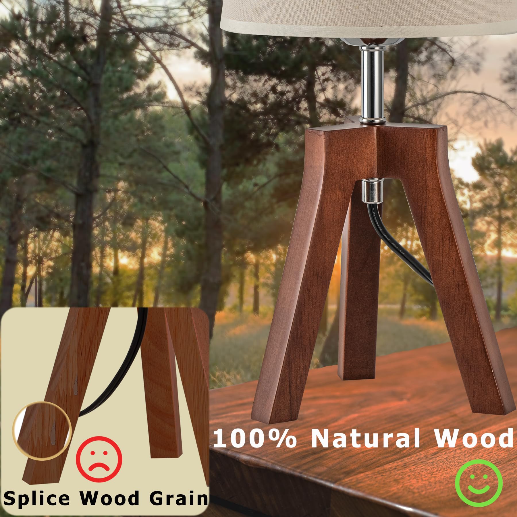 Dreamholder Wood Bedside Table Lamp, Tripod Desk Lamp With On-Off Switch, Nightstand Lamp With Fabric Shade For Reading, Bedroom, Living Room, Office, Walnut Base With Linen Shade(Without Bulb)