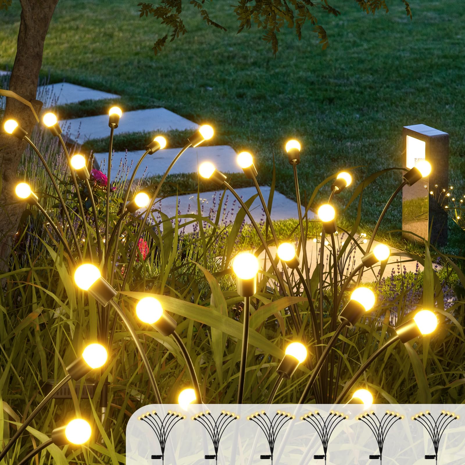 Crileal Solar Garden Lights 6Pack, 48Ledsolar Lights Outdoor, Firefly Lights Solar Outdoor,Fairy Lights，Garden Decor For Pathway Patio Walkway Yard Decorations,White Warm