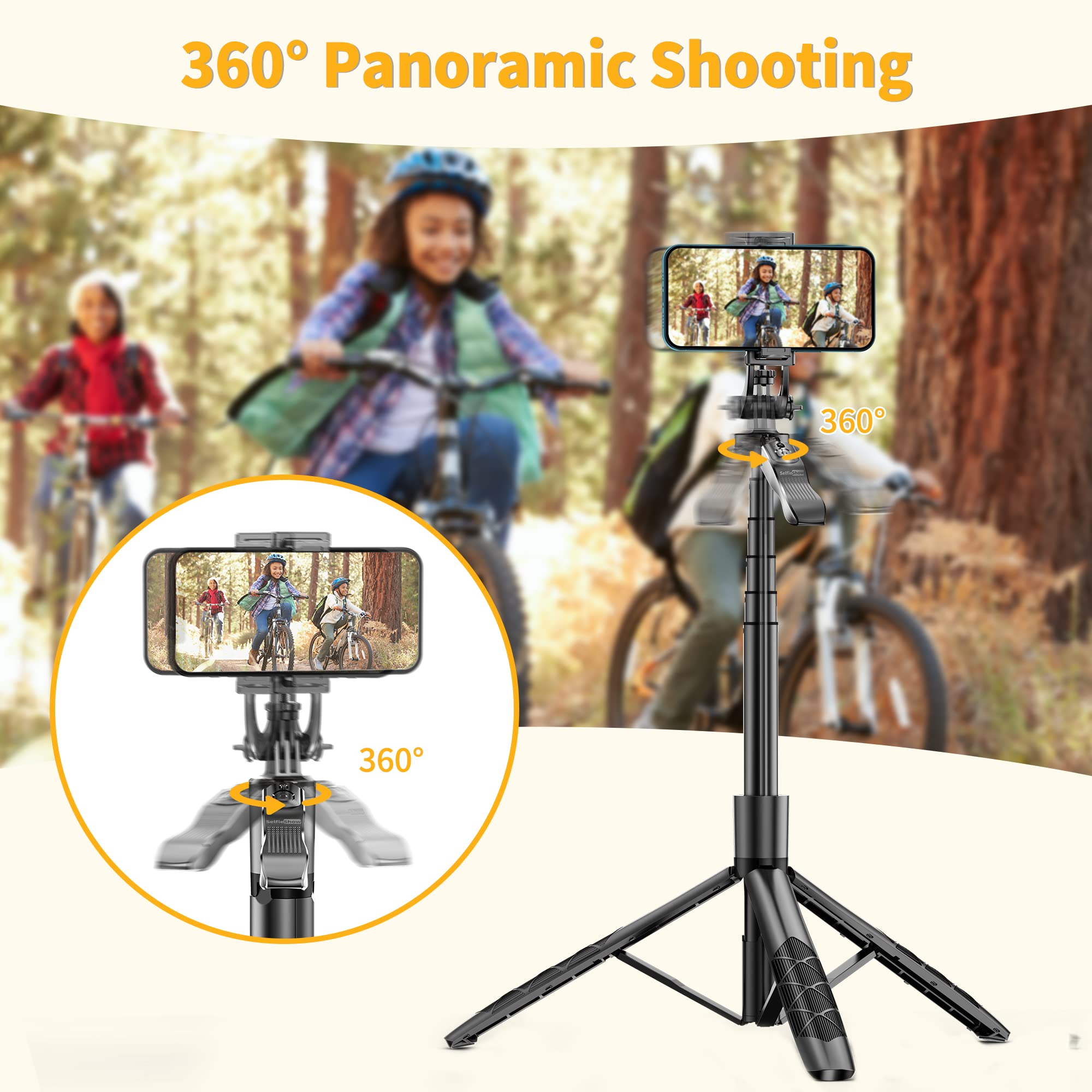 Selfieshow 61" Selfie Stick Tripod, All In One Extendable Phone Tripod Stand With Wireless Remote 360° Rotation For Iphone And Android Phone Selfies, Video Recording, Vlogging, Live Streaming, Aluminum