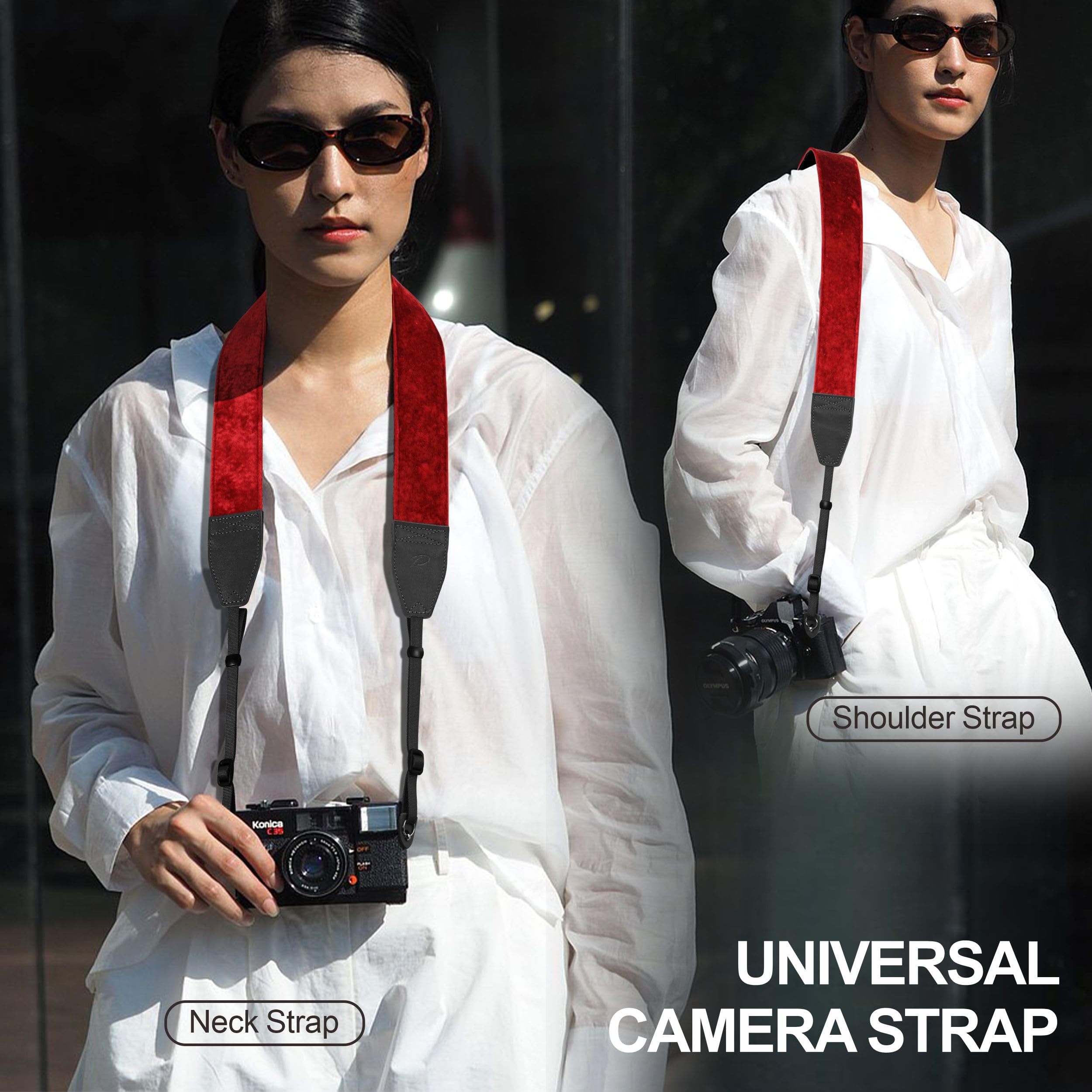 Padwa Lifestyle Velvet Camera Strap - 2" Wide Full Grain Cowhide Head Soft Velvet Straps For Photographers,Complimentary 2 Pcs Quick Release For All Dslr,Slr,Mirrorless Cameras,Binoculars - Ruby Red