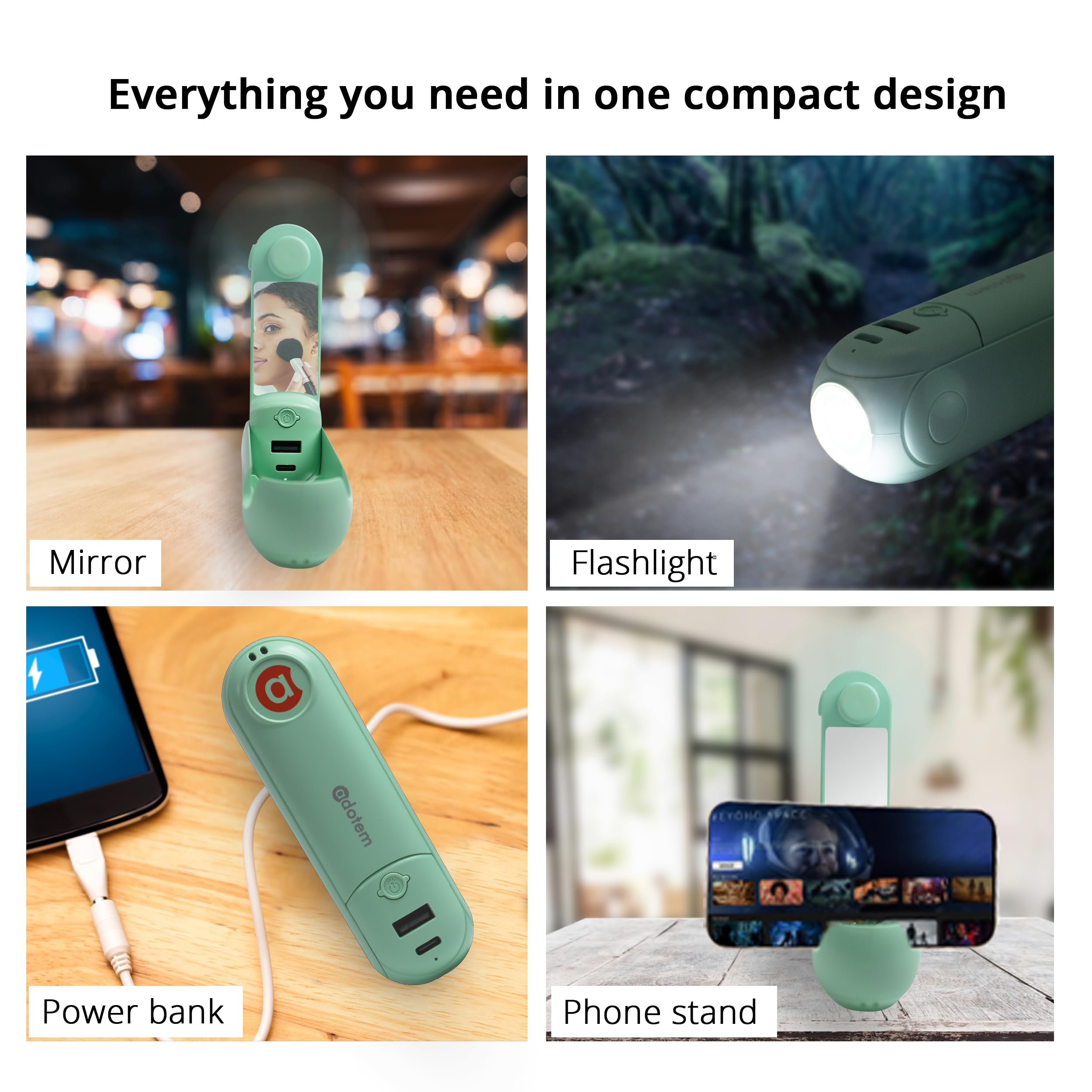 Handheld Mini Fan - 5-In-1 Portable Usb Rechargeable Fan With Power Bank, Flashlight, Mirror & Phone