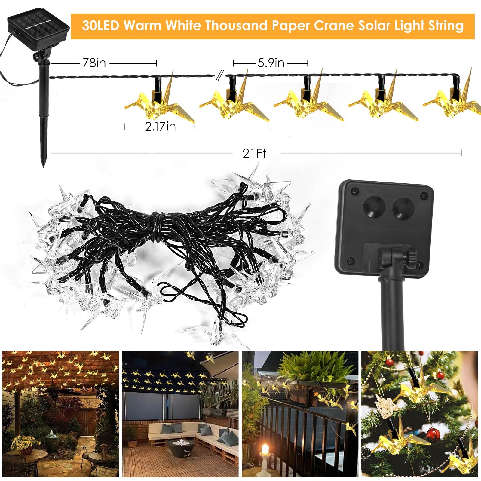 Evicyego Thousand Paper Cranes Solar Lights Outdoor,21Ft Solar String Lights With 30Led Realistic Crystal Cranes, Warmwhite Twinkle Cranes Lights For Home Garden Yard Porch Patio Christmas Party Decor