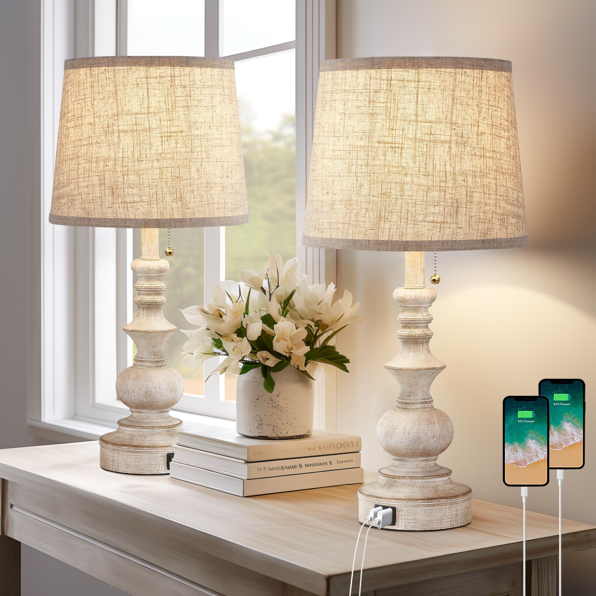 Drawealth Table Lamps For Bedrooms Set Of 2 Farmhouse Bedside Lamps For Nightstand With Usb Charging Ports Traditional Side Table Lamps For Living Room Wooden Finish, Pull Chain, Bulbs Not Included