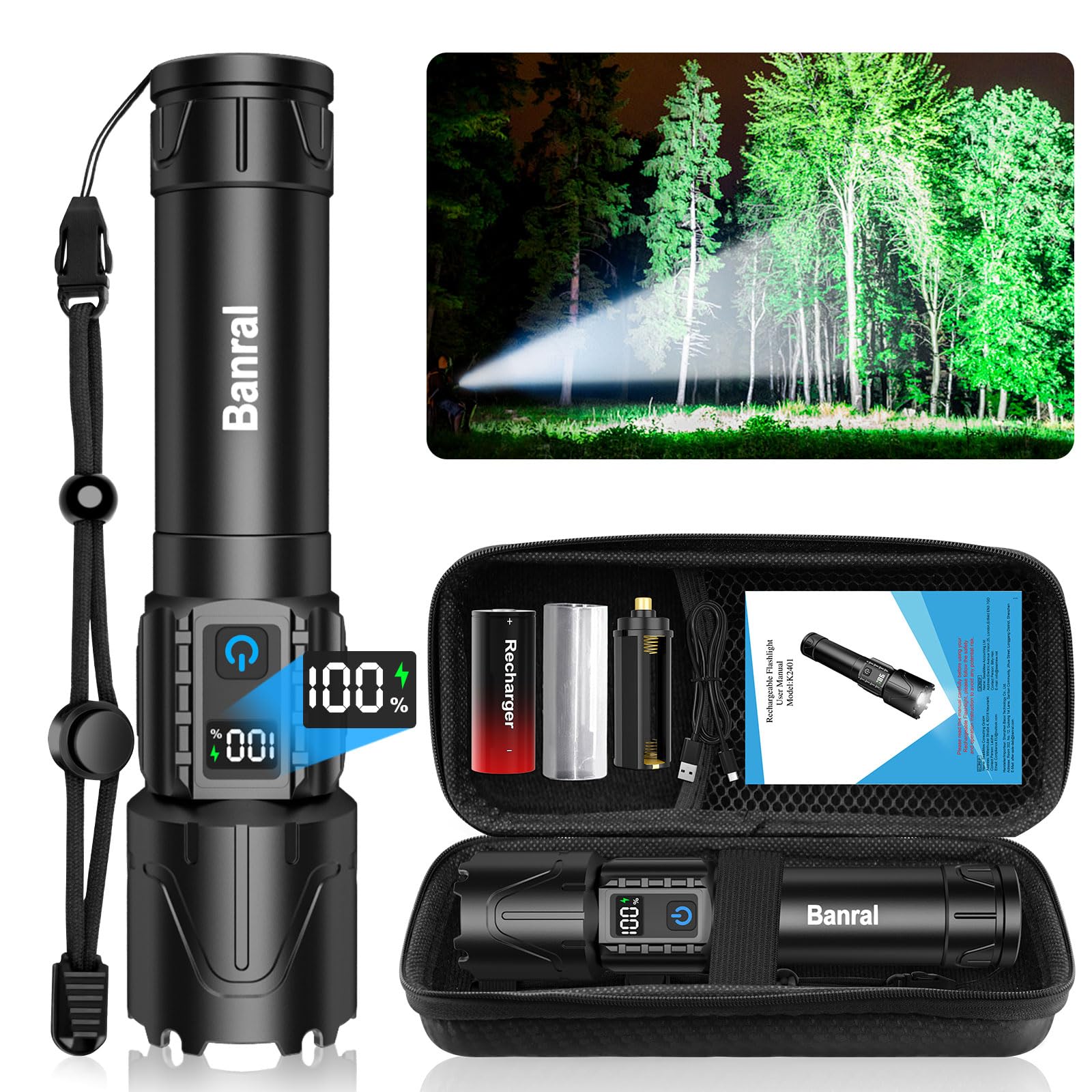 Banral Rechargeable Tactical Flashlights High Lumens - 20,000Lm Super Bright Led Powerful Flash Light, Waterproof Handheld Usb C Flashlight For Camping,Emergencies,Home,5 Modes,Zoomable (1, Black)
