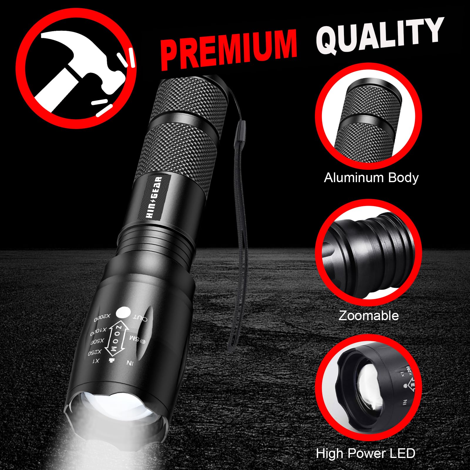 Hinsgear 1 Mode Flashlights 4 Pack, Super Bright Zoomable Led Utility Flashlight High Lumens, Water Resistant Portable Pocket Flash Light For Emergency, Camping, Home, And  - Sl2000