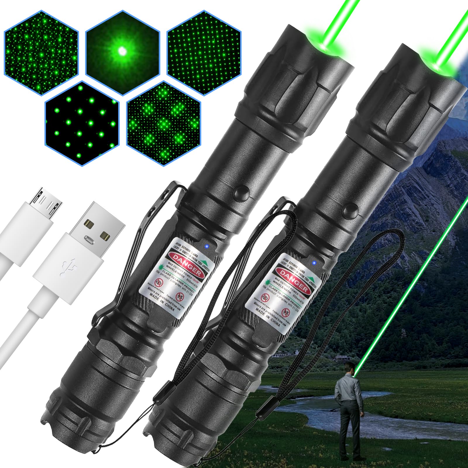 Leteapii [2 Packs] Green Light Handheld Flashlight Rechargeable, Long Range Adjustable Focus Utility Beam For Outdoor Journeys, Camping, Presentations, Tv/Led/Lcd Screens, And Stargazing