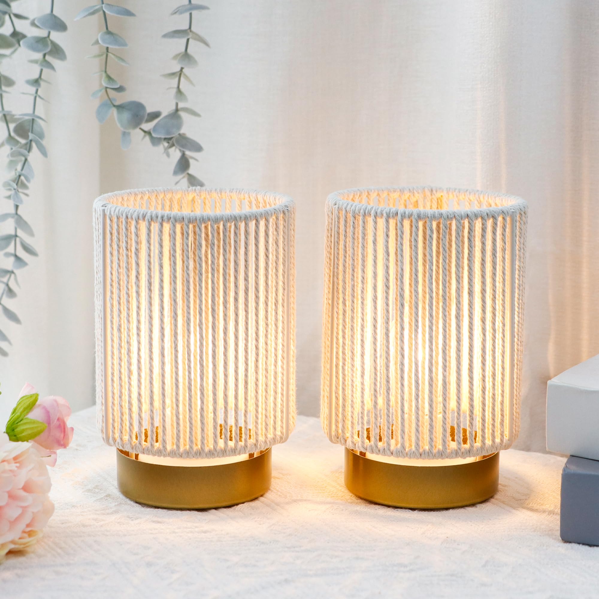 Jhy Design Set Of 2 Braided Cotton Rope Table Lamp 6.5" Tall Battery Operated Lamp With 6 Hours Timer Beside Lamps Great For Living Room Bedroom Weddings Parties Patio Events