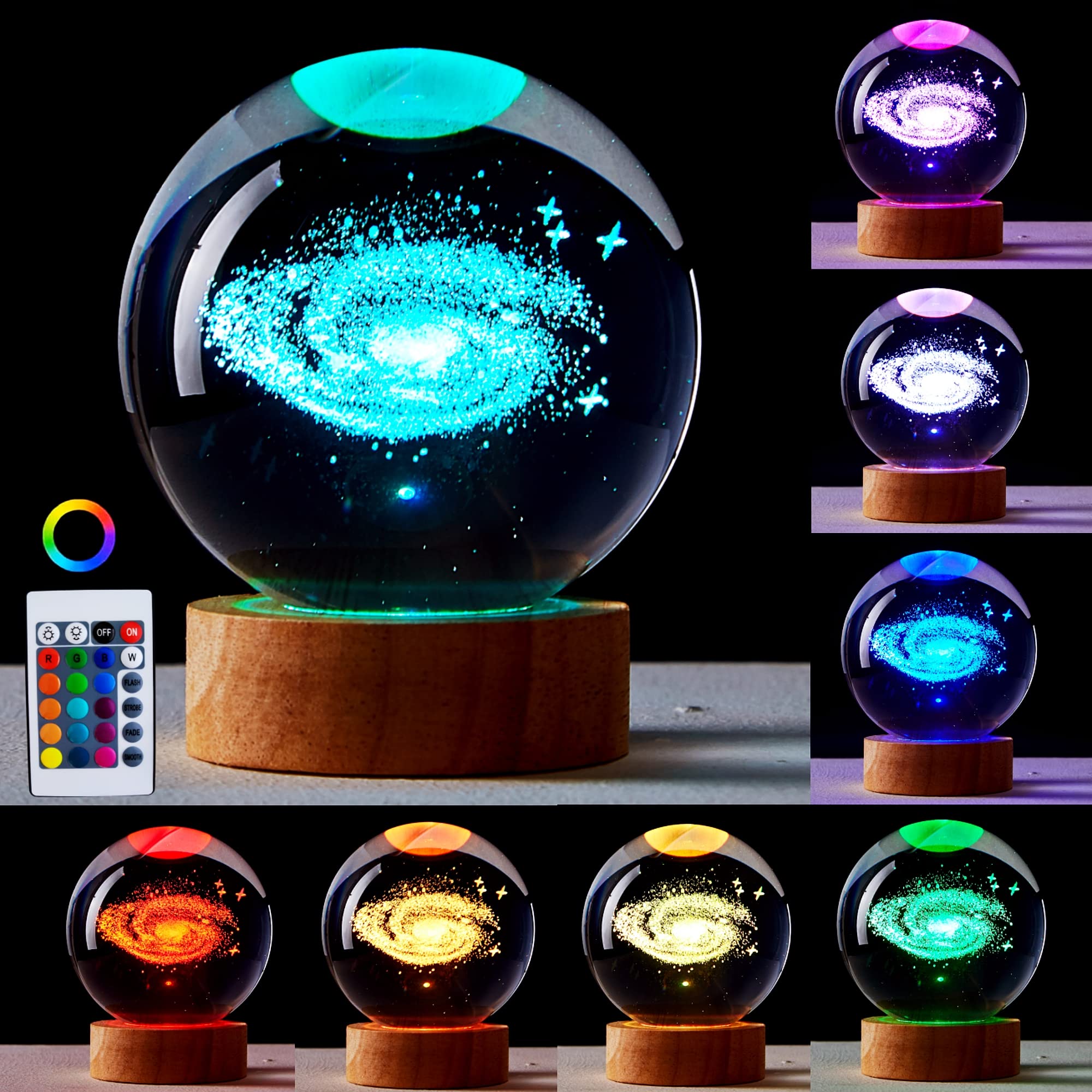 Digfpwt 3.15 Inch Galaxy Crystal Ball Lamp, 3D K9 Crystal Night Light With Wooden Base, 16 Colors Change With Remote Control, Clear Glass Light, Birthday  For Friends