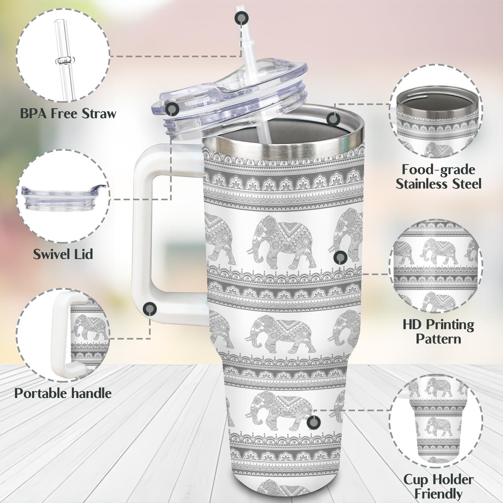 40 Oz Elephant Tumbler With Handle And Straw, Gray Mandala Floral Stainless Steel Vacuum Insulated