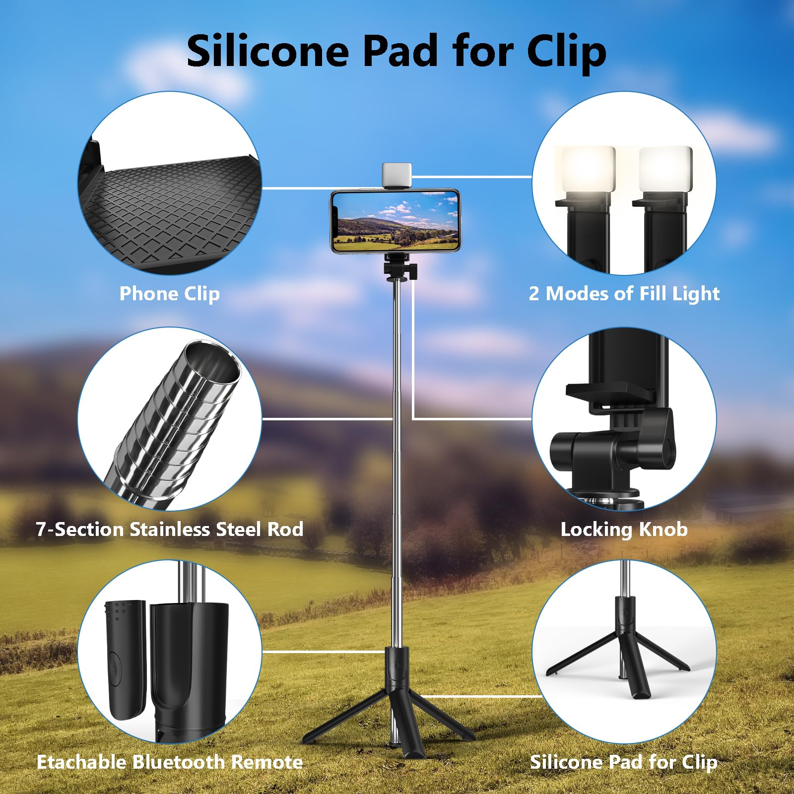Bollove Selfie Stick, 40 In Retractable Phone Tripod With Wireless Remote Control & Light, Portable Selfie Stick Tripod For Photograph, Live Streaming, Video Recording, Compatible With All Cellphones