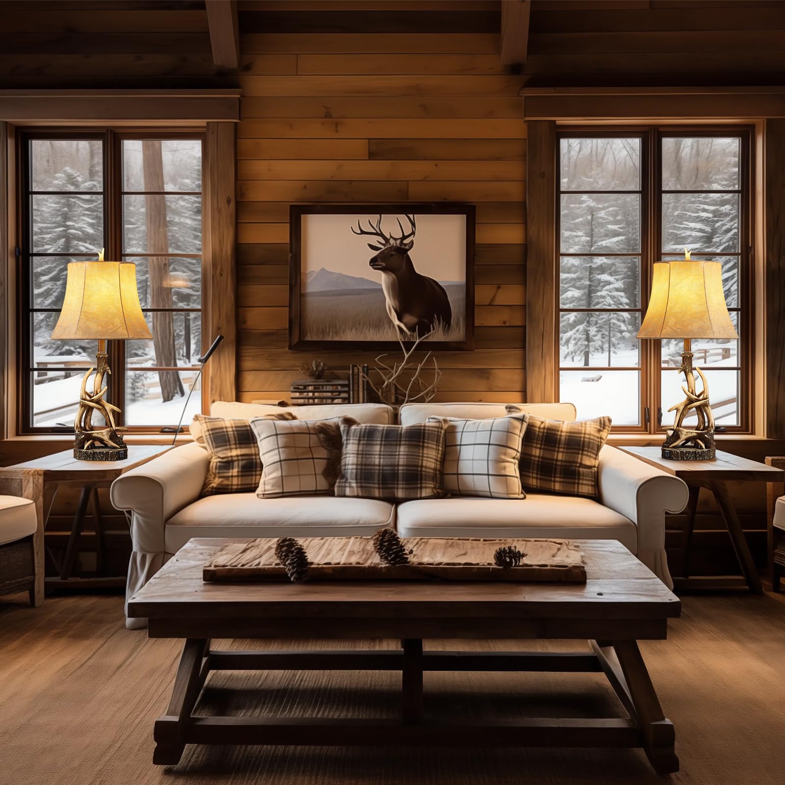 Huitico 27.25'' Rustic Antler Table Lamps For Living Room With Usb A + C Charging Ports Western Cabin Bedside Lamps For Bedroom Nightstand Lamps With Faux Leather Lampshade, Single, Bulb Not Included