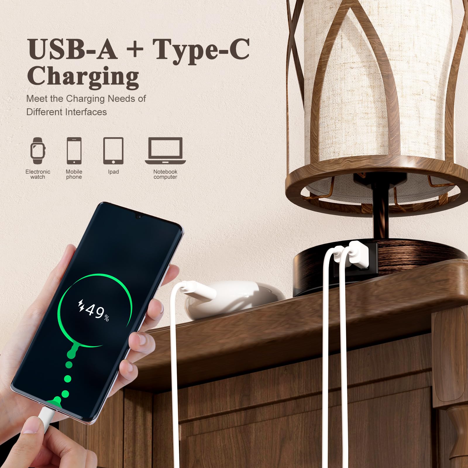 Hymela N10-2 Farmhouse Table Lamp Dimmable Touch Control Plug In Lamps Linen Rustic Desk Lamp Iimitation Wood Metal Base Vintage Nightstand Table Lamp With Usb Port For Bedroom Bedside (Bulb Included)