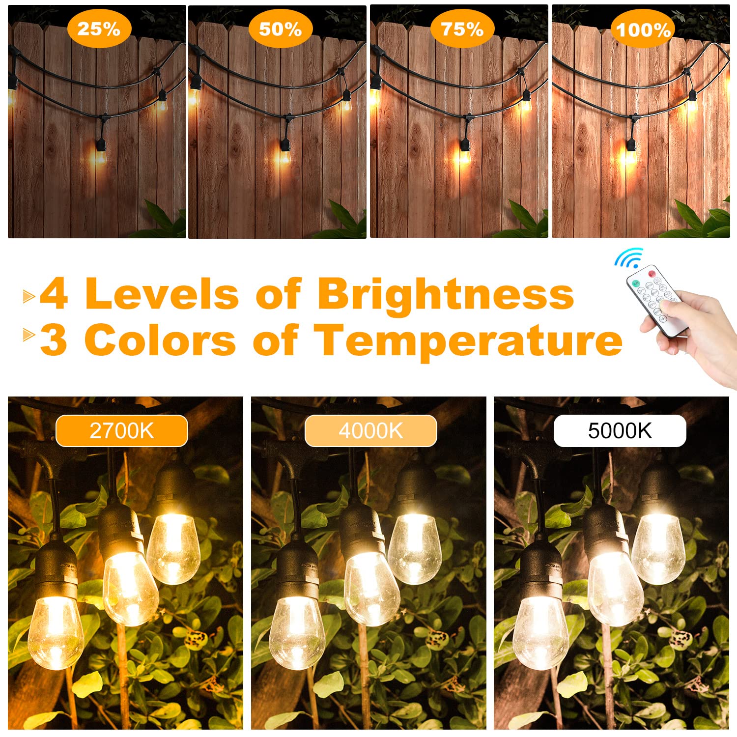 Mlambert 3-Color In 1 Solar String Lights Outdoor Waterproof Dimmable, 48Ft Remote Led Patio Lights,15 Hanging Sockets Shatterproof Light For Backyard