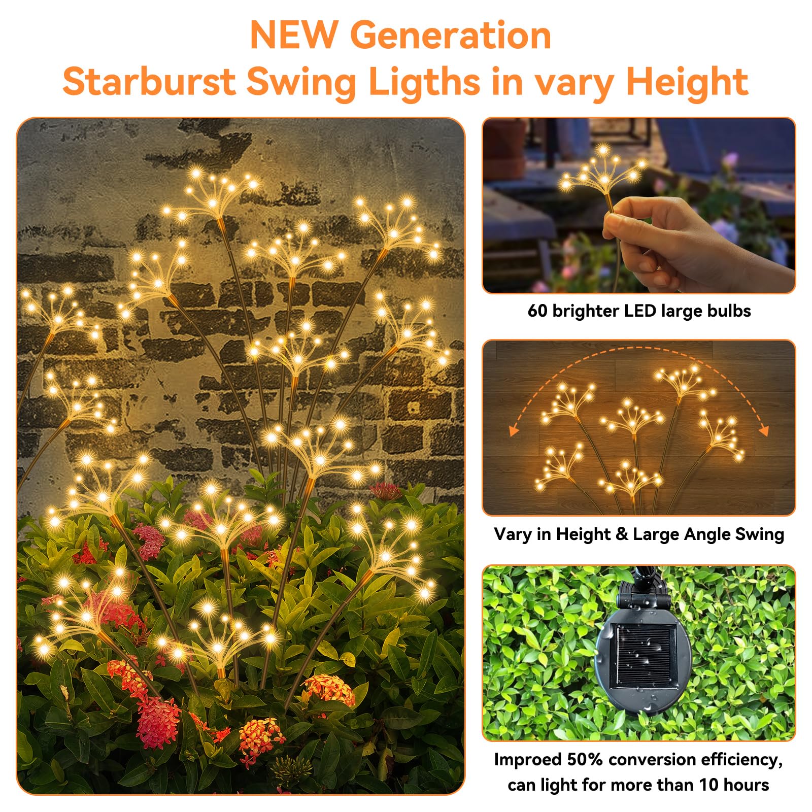 Jjgoo Solar Garden Lights, 2 Pack Waterproof Solar Swaying Starburst Light, Solar Outdoor Lights, Solar Garden Decor Fireworks For Yard Patio Pathway, Warm White