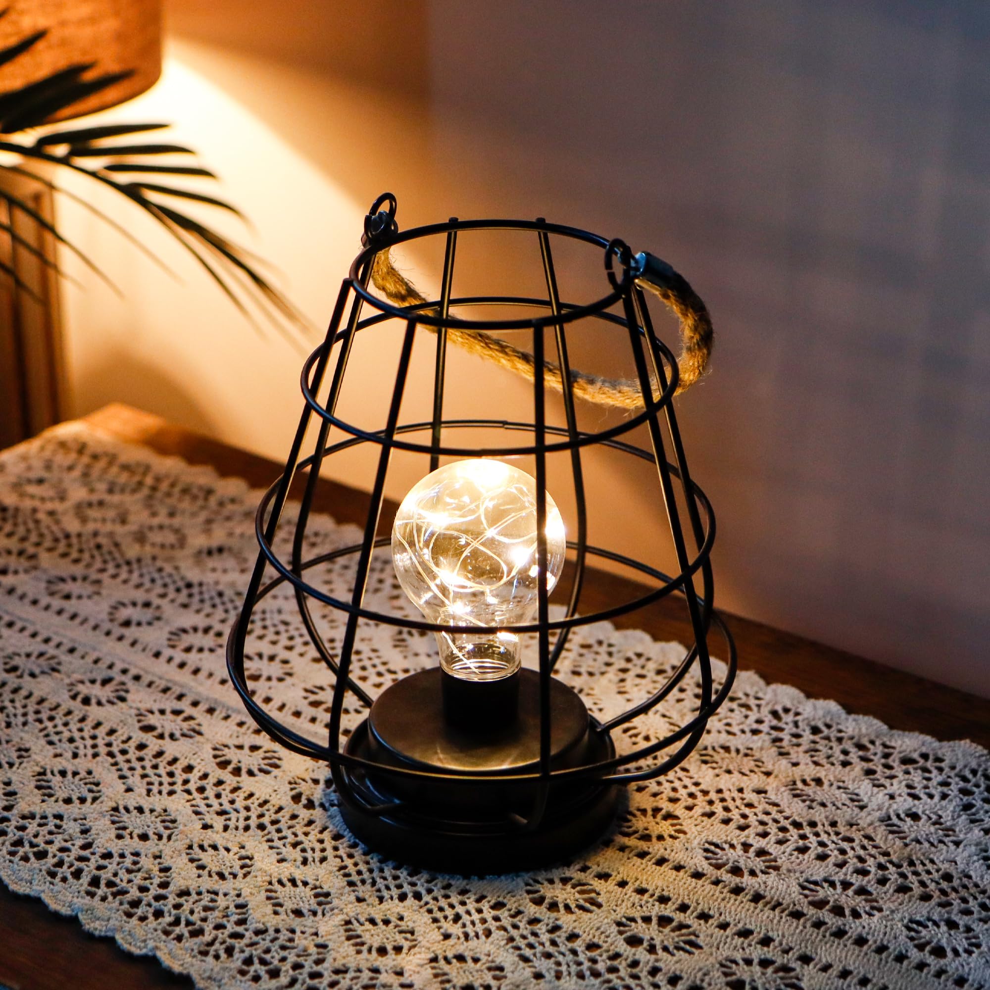 Jhy Design 8.5" H Cage Bulb Lantern Decorative Table Lamp Battery Powered Cordless Light With Warm White Fairy Lights Led Edison Bulb Lamp For Living Room Bedroom Home Wedding(Black)