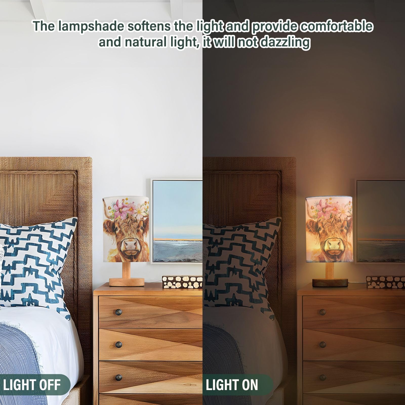 Oarencol Bedside Table Lamp Cute Highland Cow Flowers Nightstand Lamp With Wood Desk Lamps For Bedroom Living Room Nursery Office Home Decor