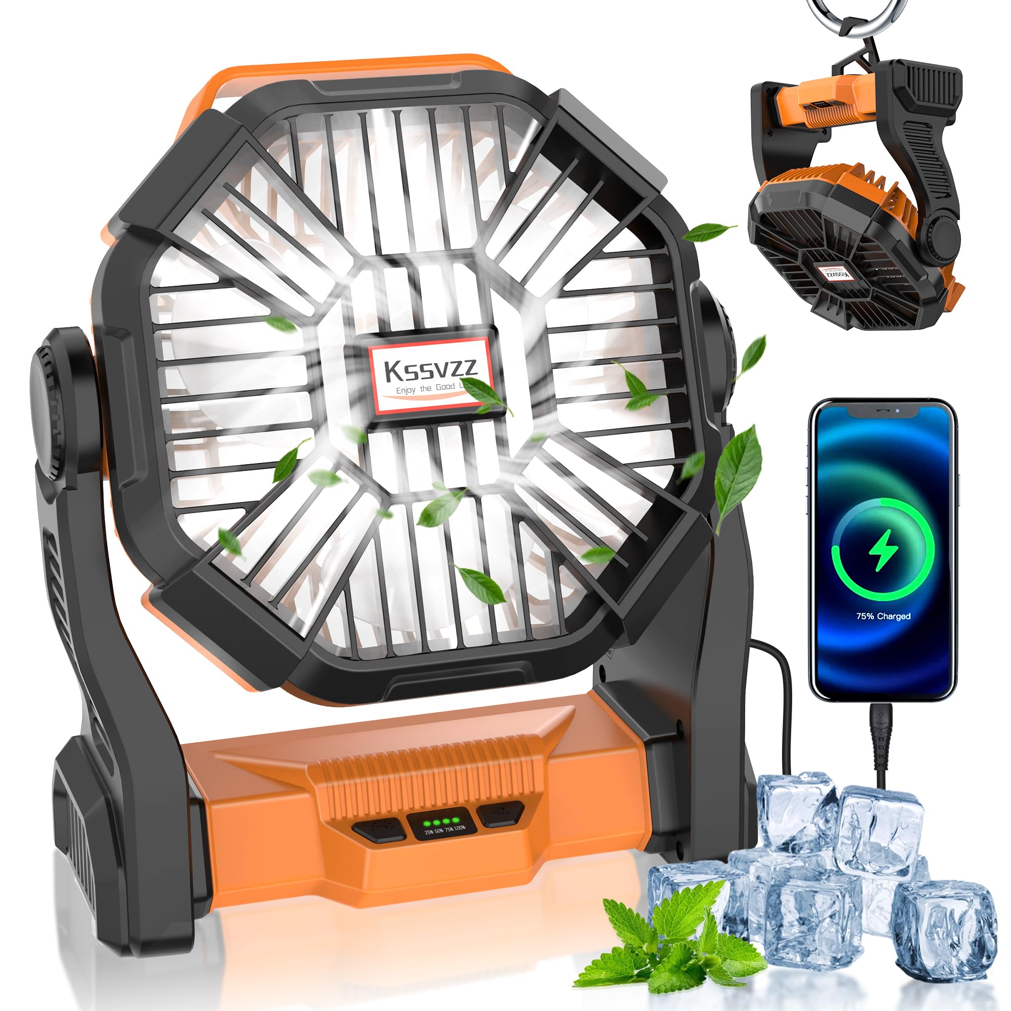 Portable Camping Fan Rechargeable With Led Lantern - 20000Mah Cordless Battery Powered Fan, 4 Speed - Koospark
