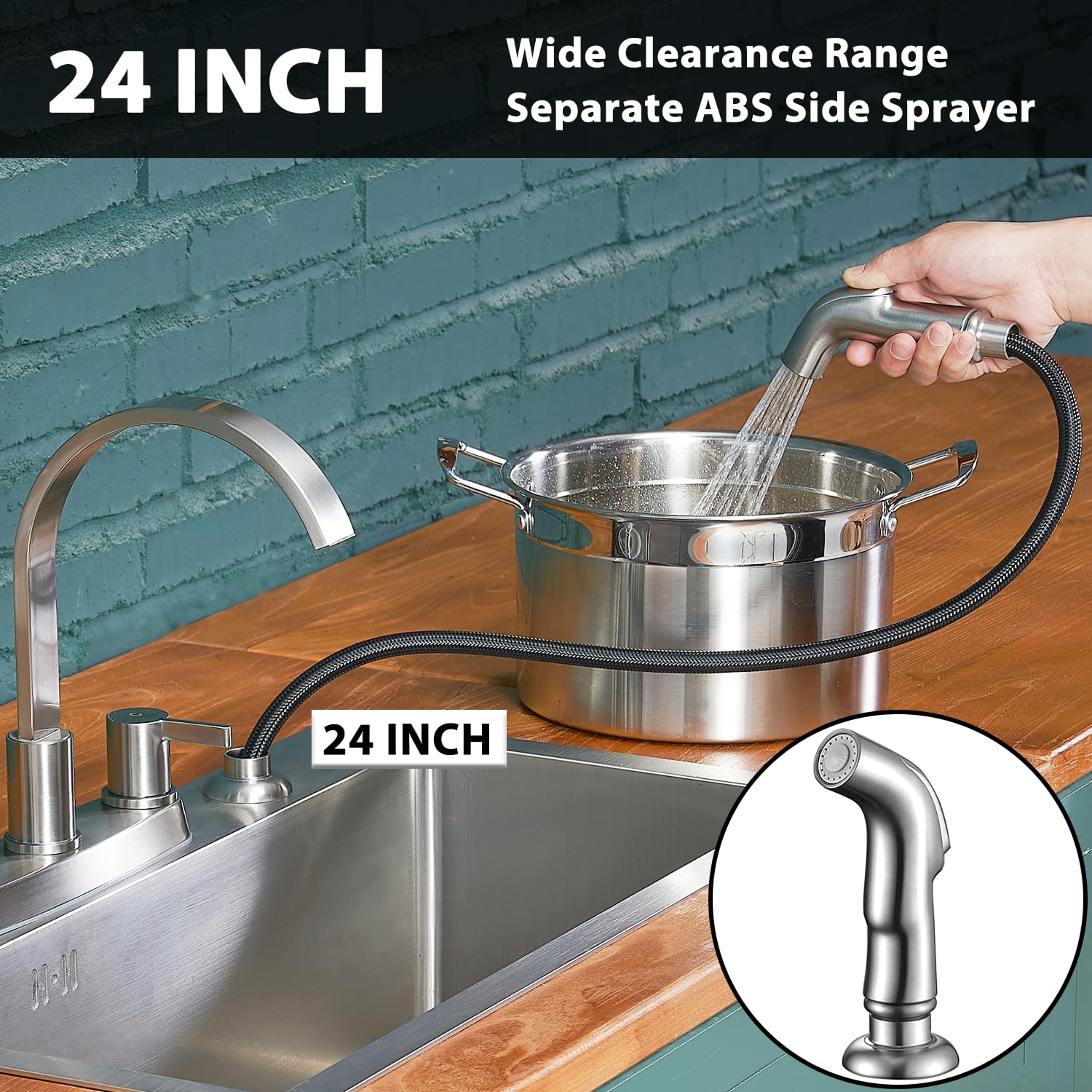Rainmax Kitchen Faucet With Sprayer, Brushed Nickel Stainless Steel Kitchen Sink Faucet With Side Sprayer, 3 Hole Or 4 Hole Faucet For Kitchen Rv Laundry Utility Sink Kmf027L-5