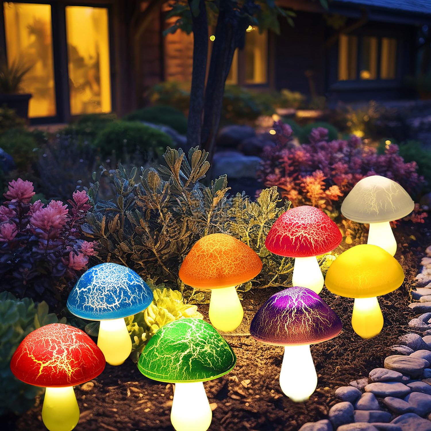 Viewpick Solar Garden Decor - 8 Crack Mushroom Outdoor Decor Stake Lights, Waterproof Solar Pathway Lights, Gardening  For Garden Gnomes, Backyard Flower Bed & Christmas Decorations