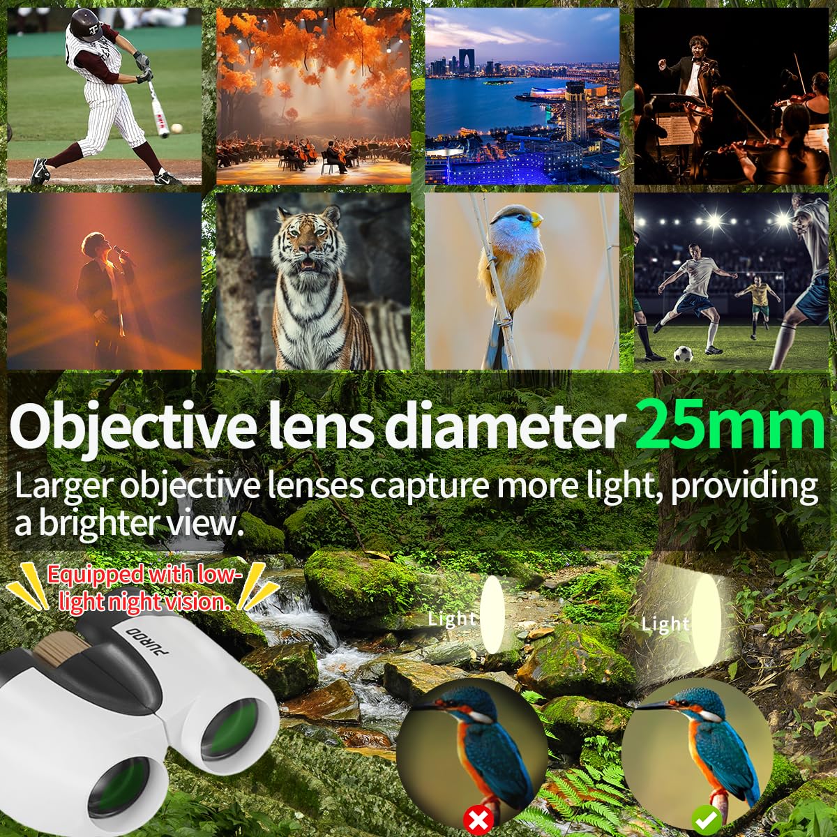 Puroo Small Binoculars For Adults Kids,10X25 Waterproof,Fogproof, Shockproof, High Powered Binoculars For Bird Watching,Stargazing,Concerts,Sports,Travel,Cruise,Hunting,Hiking,White