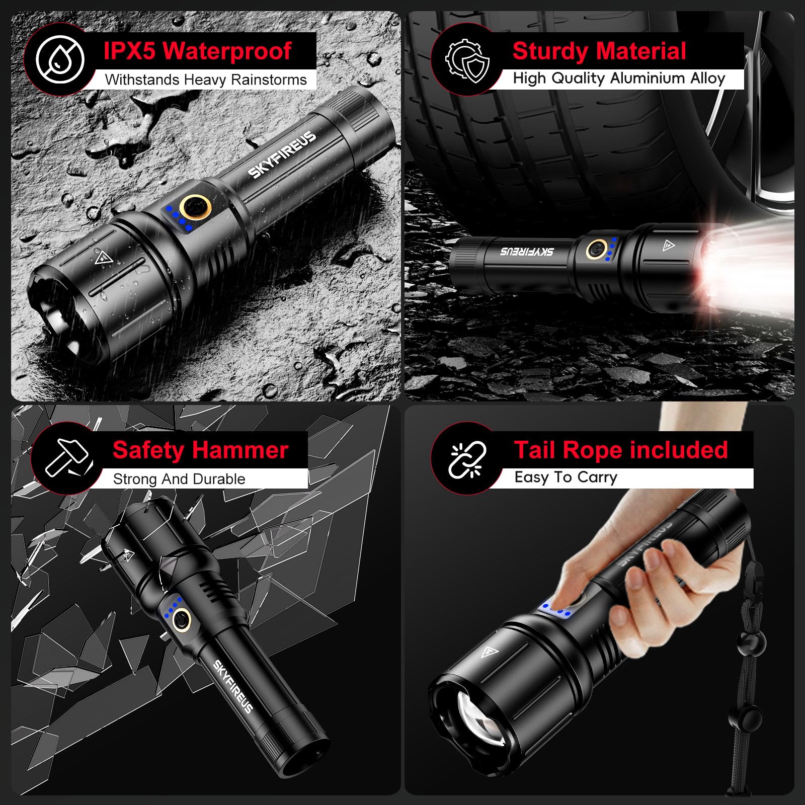 Skyfire Flashlights High Lumens With Ignition Lens,10000Lm Rechargeable Flashlights,Led Flashlight,Outdoor Super Bright Flashlight Handheld Flashlights For Emergency,Camping,Searching,Home,Black