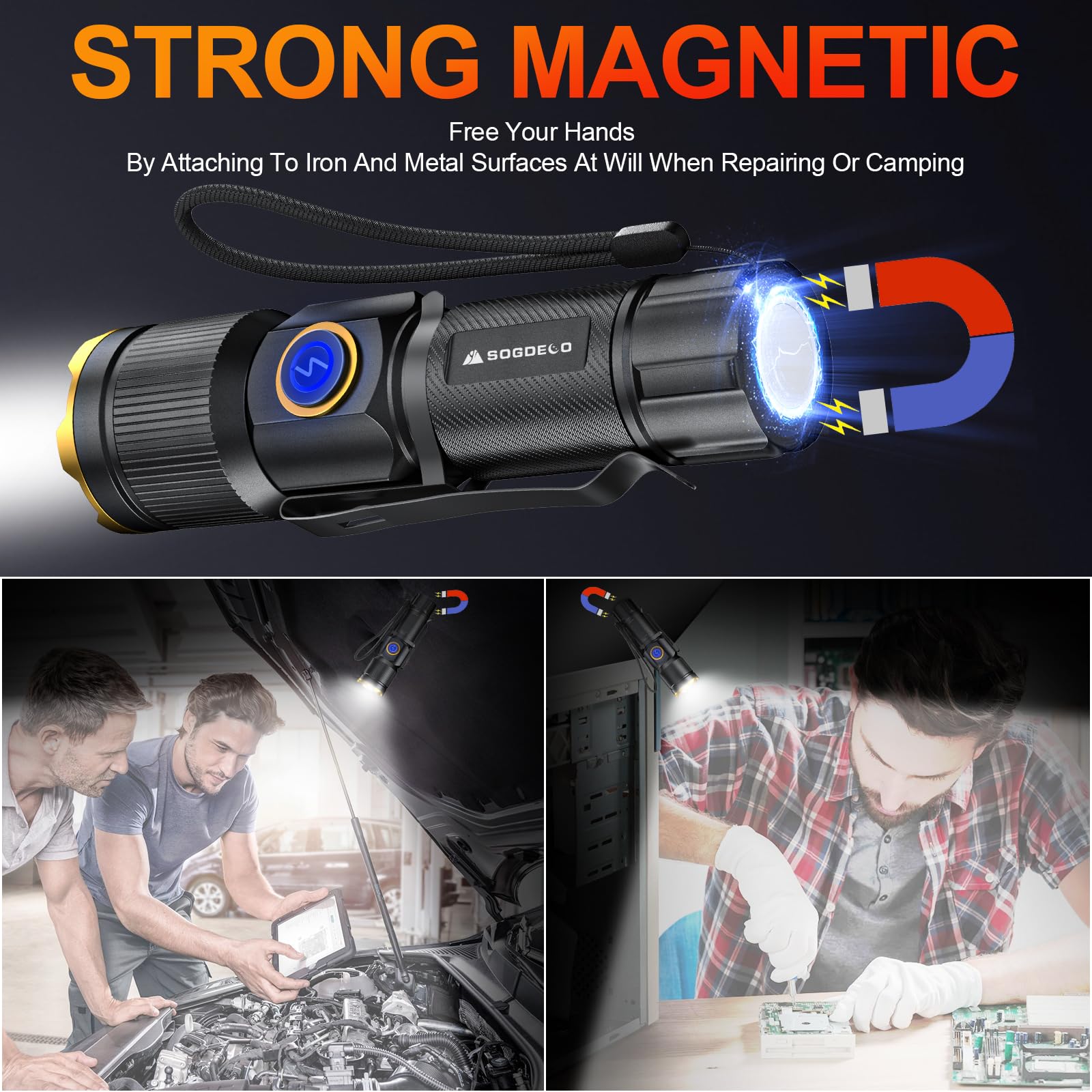 Sogdeco Rechargeable Flashlights High Lumens, Super Bright Small Led Flash Light, 26 Hours Long Lasting, 4 Lighting Modes, Magnetic Zoomable Pocket Flashlight For Emergencies Home Camping (2 Pack)