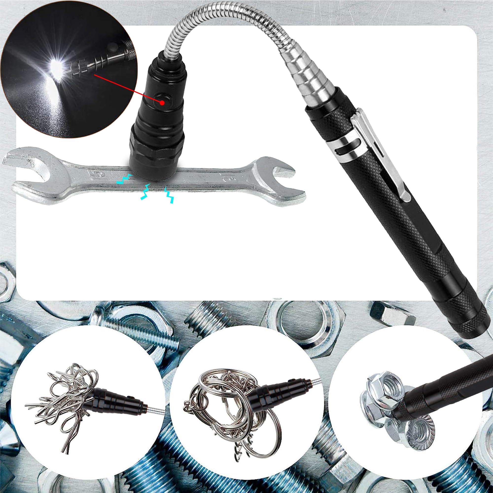Jishi Magnetic Pickup Tool, Telescoping Magnet Led Flashlight,  For Men, Adults, Dad, Husband, Stocking Stuffers, Multitool, Aluminum Handle
