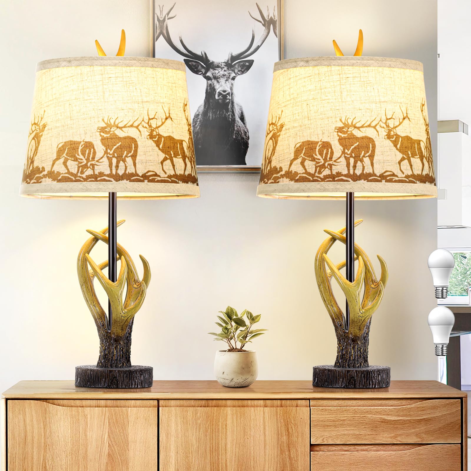Spclsim Rustic Antler Table Lamps For Bedrooms Set Of 2, 24.4" Deer End Table Lamps For Living Room, Farmhouse Resin Bedside Nightstand Lamps, Bulbs Included