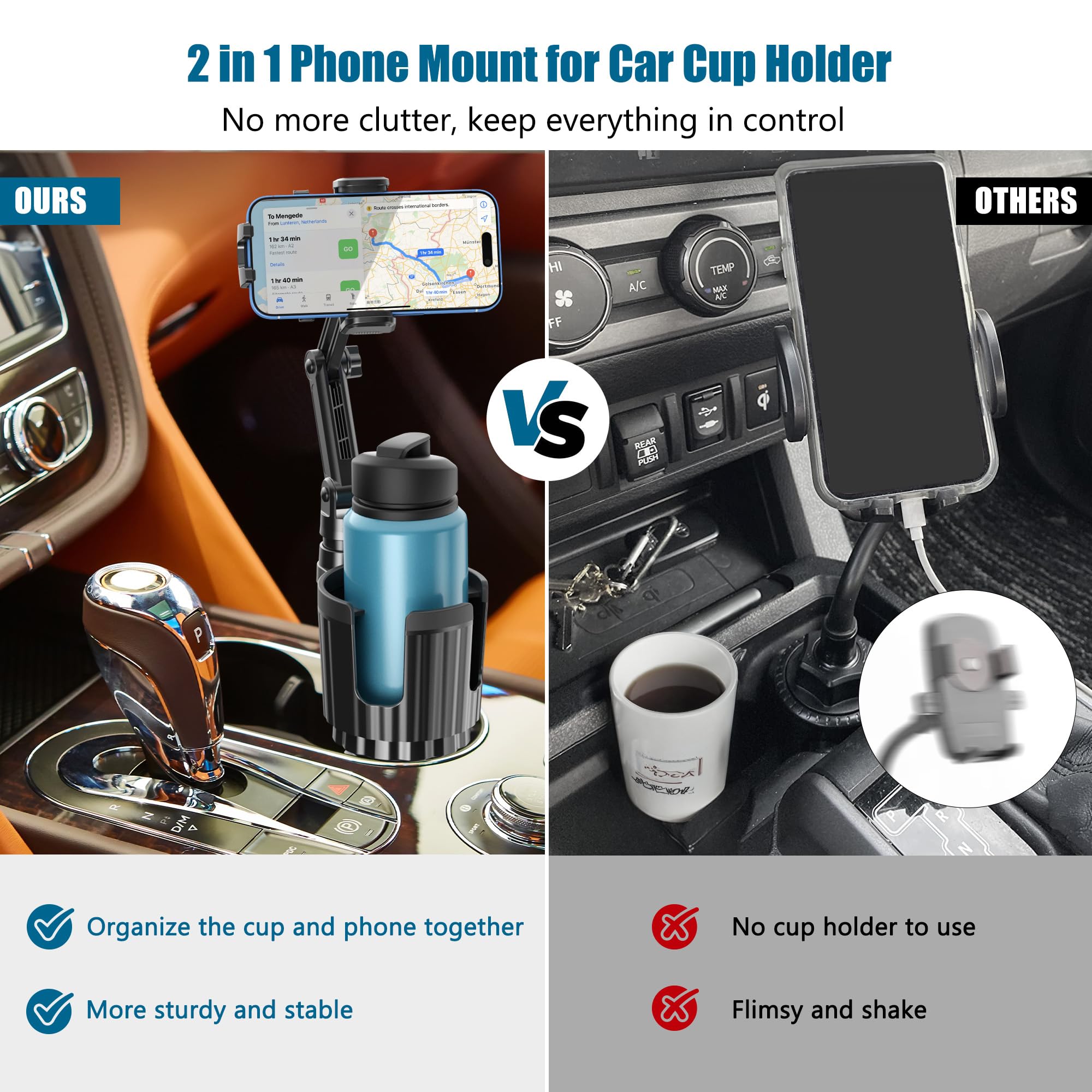 Sagruila Phone Holders For Your Car Cupholder, Car Cell Phone Mount With Cup Holder Expandable Base, 2 In 1 Car Phone Holder Mount, 360 Degree Rotating Neck, Fits All 4-7” Smartphones And Most Bottles, 1 Pack