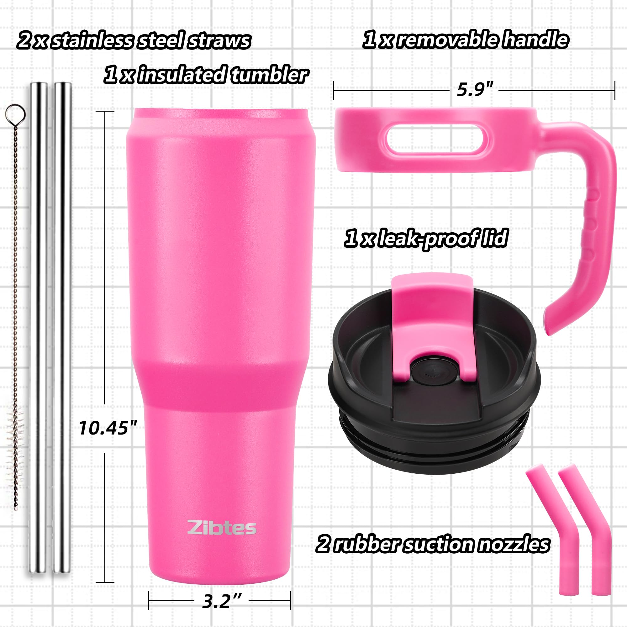 Zibtes 40 Oz Insulated Tumbler With Handle And Straws Lid, Stainless Steel Travel Coffee Cup Holder