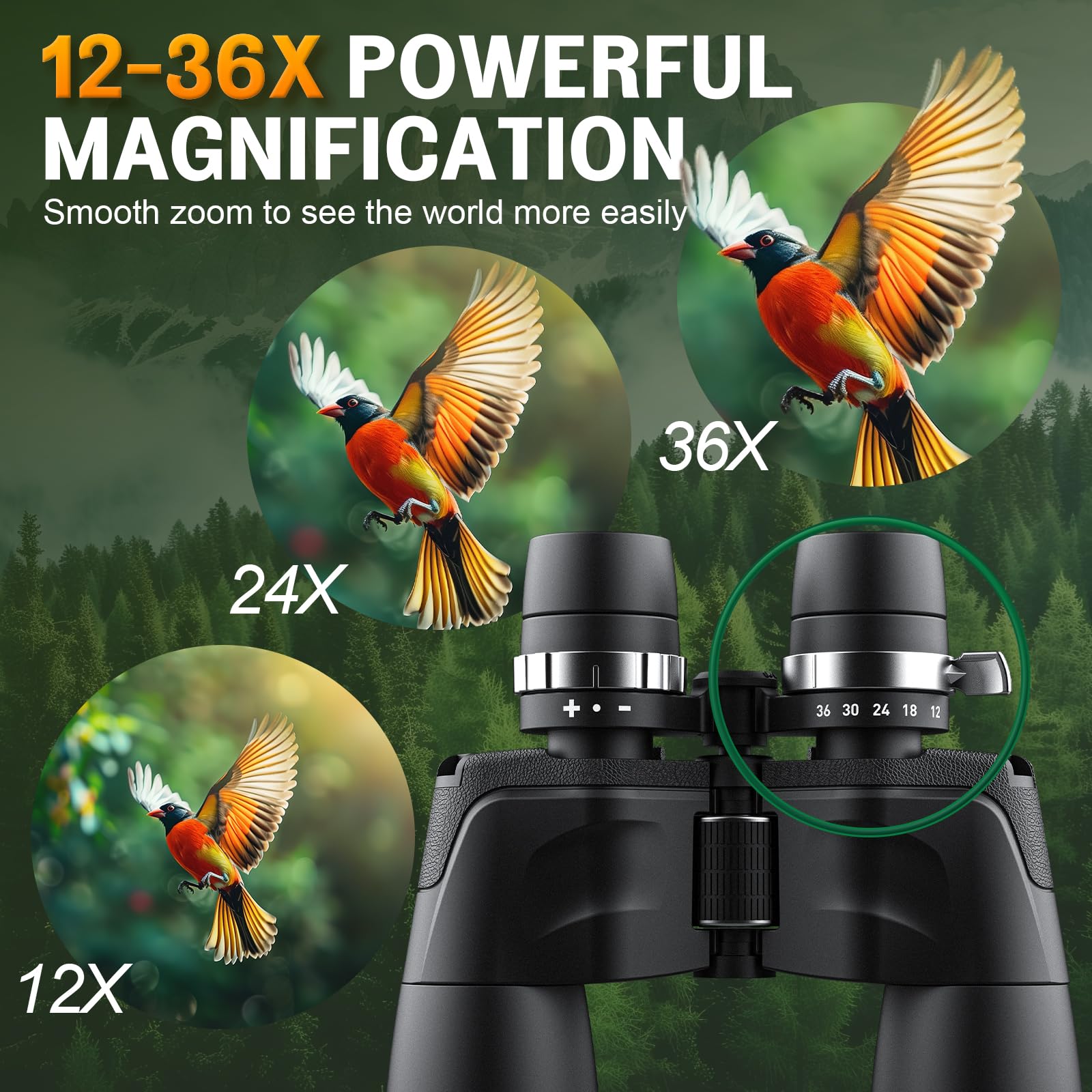Deesoo 12-36X50 Hd Binoculars For Adults - High Powered Binoculars With Clear Low Light Vision For Bird Watching - Zoom Binocular With Large View For Hunting Cruise Ship Travel Hiking Opera