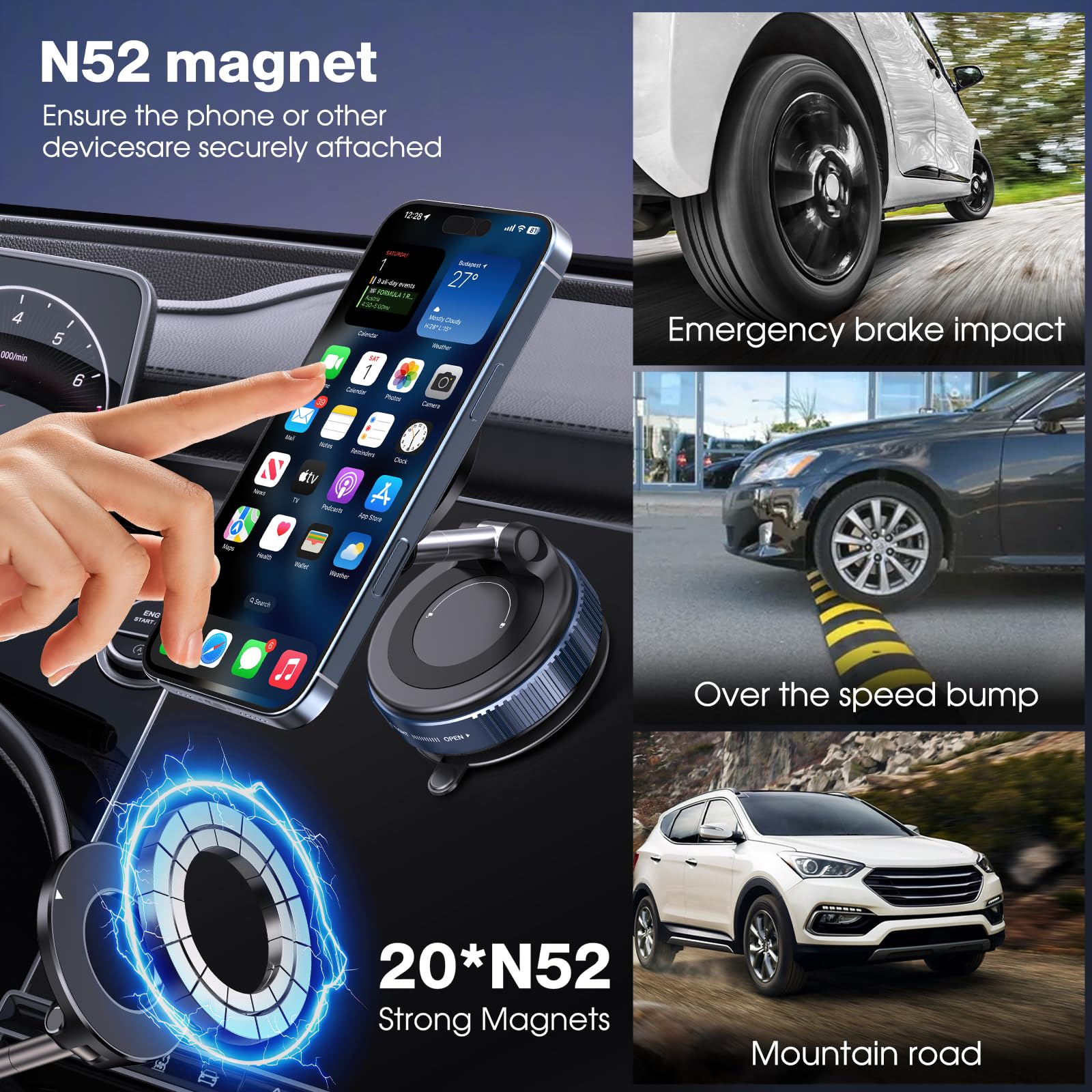 Lunturn 360° Rotatable Vacuum Magnetic Phone Holder, Foldable And Retractable Suction Cup Car Phone Mount For Car/Gym/Mirror/Smooth Surface, Compatible With Iphone Android And All Smartphones (Black)