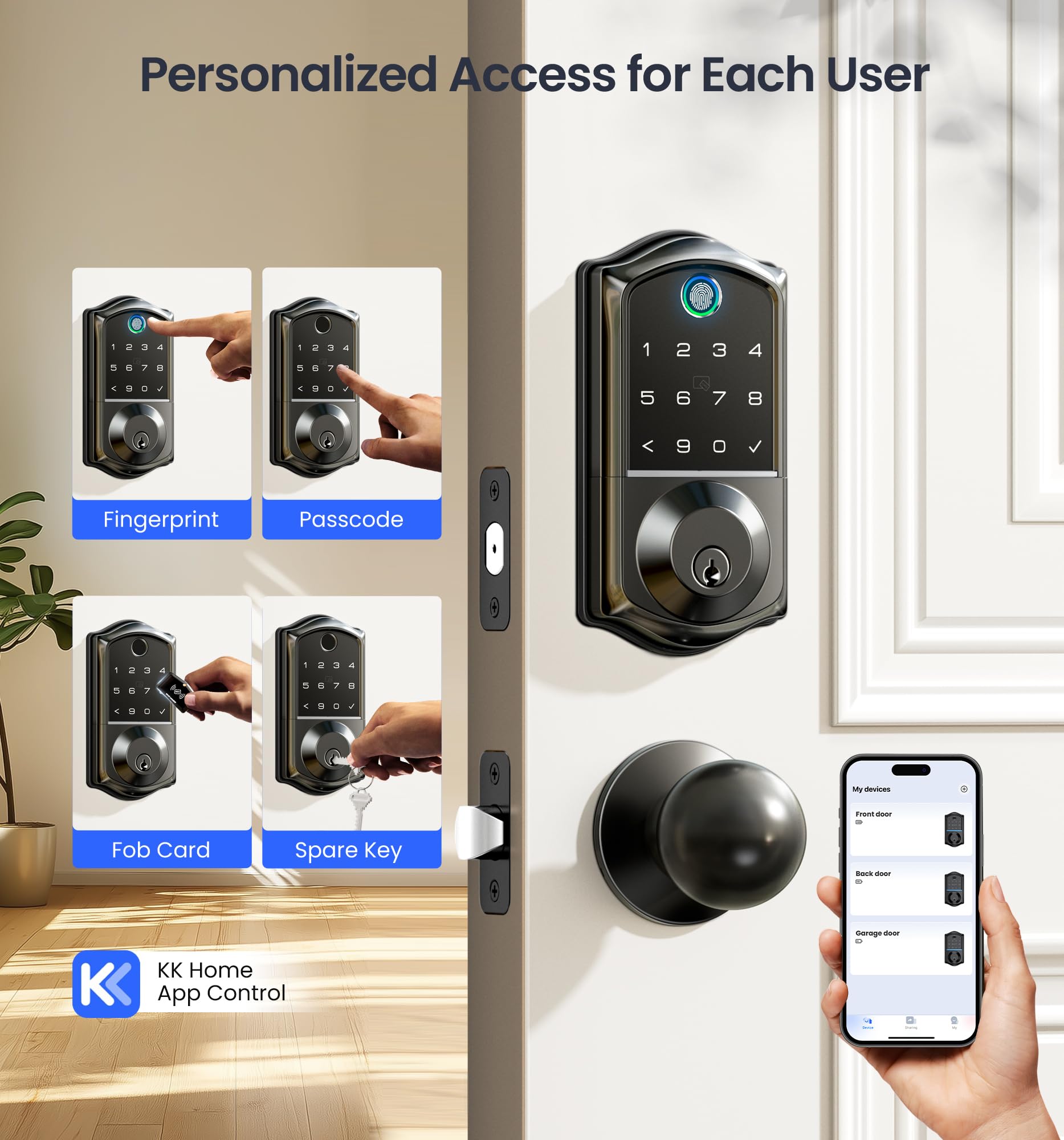 Veise Ve017 Fingerprint Smart Door Lock, App Control, 7-In-1 Keyless Entry, Auto Lock, Emergency Power Port, Electronic Touchscreen Keypad, Biometric Smart Locks For Front Door, Matte Black