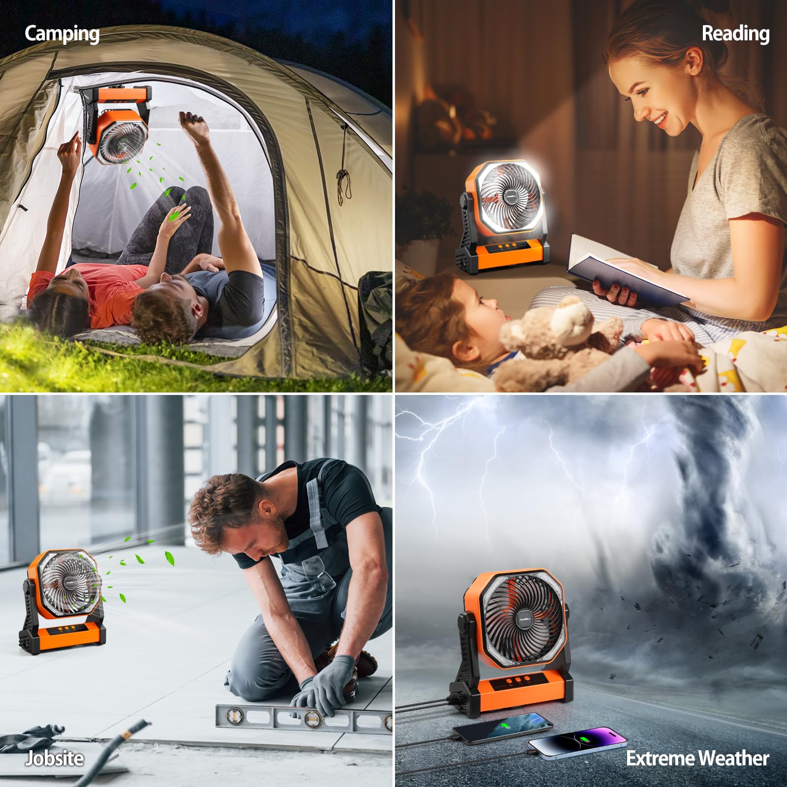 Outdoor rechargeable fan with light and hook for 270° pivot cooling on camping trips
