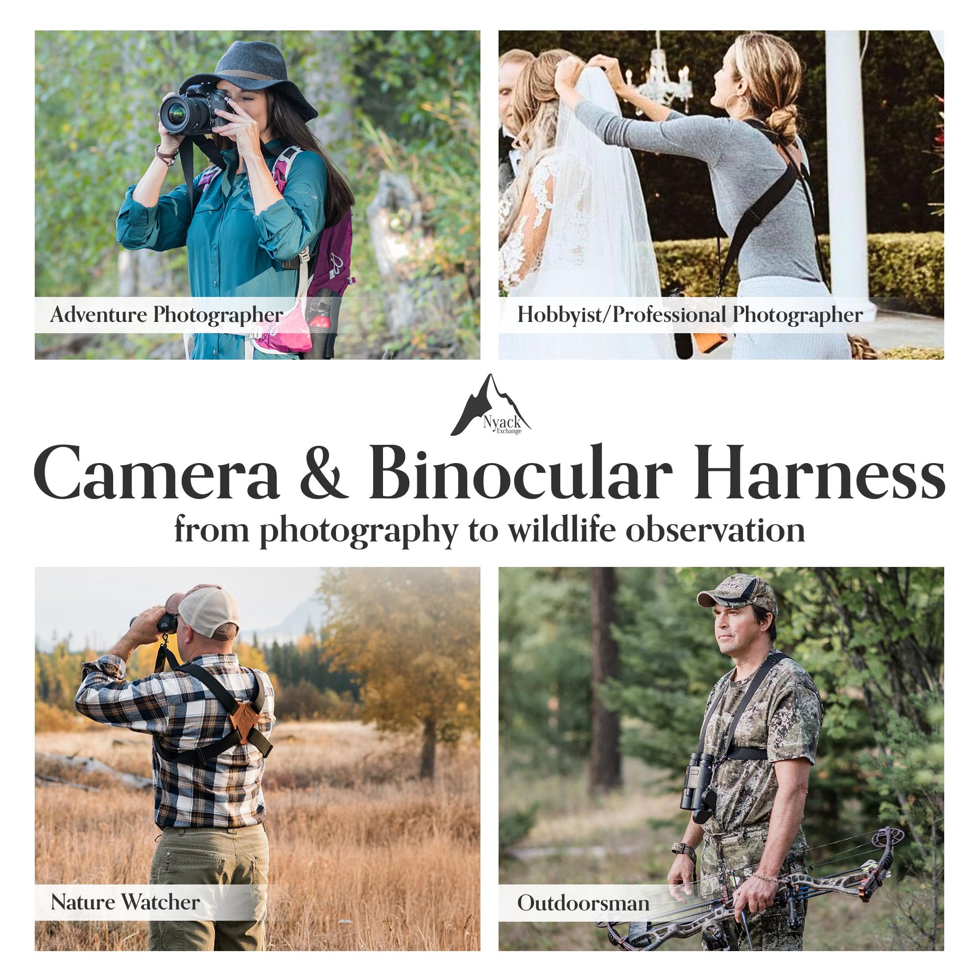 Nyack Exchange Camera And Binocular Harness  Usa Made, Quick Release, Adjustable Straps For Hiking, Birding, Hunting