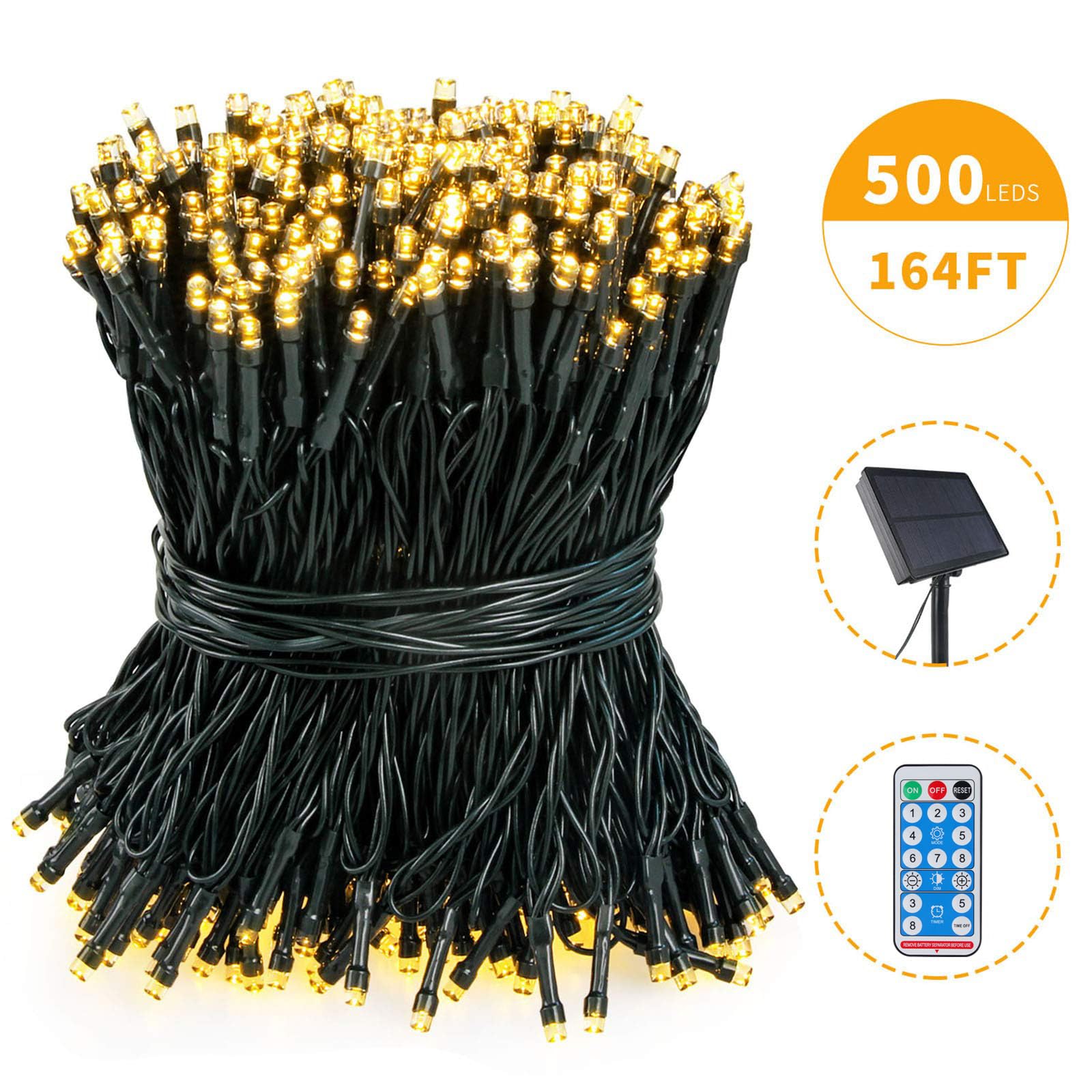 Tcamp 164Ft 500 Led Solar Christmas Lights Outdoor Waterproof With Remote Timer, 8 Modes Solar Powered Fairy String Lights For Christmas Tree Wedding Party Holiday Outdoor Indoor Decor (Warm White)